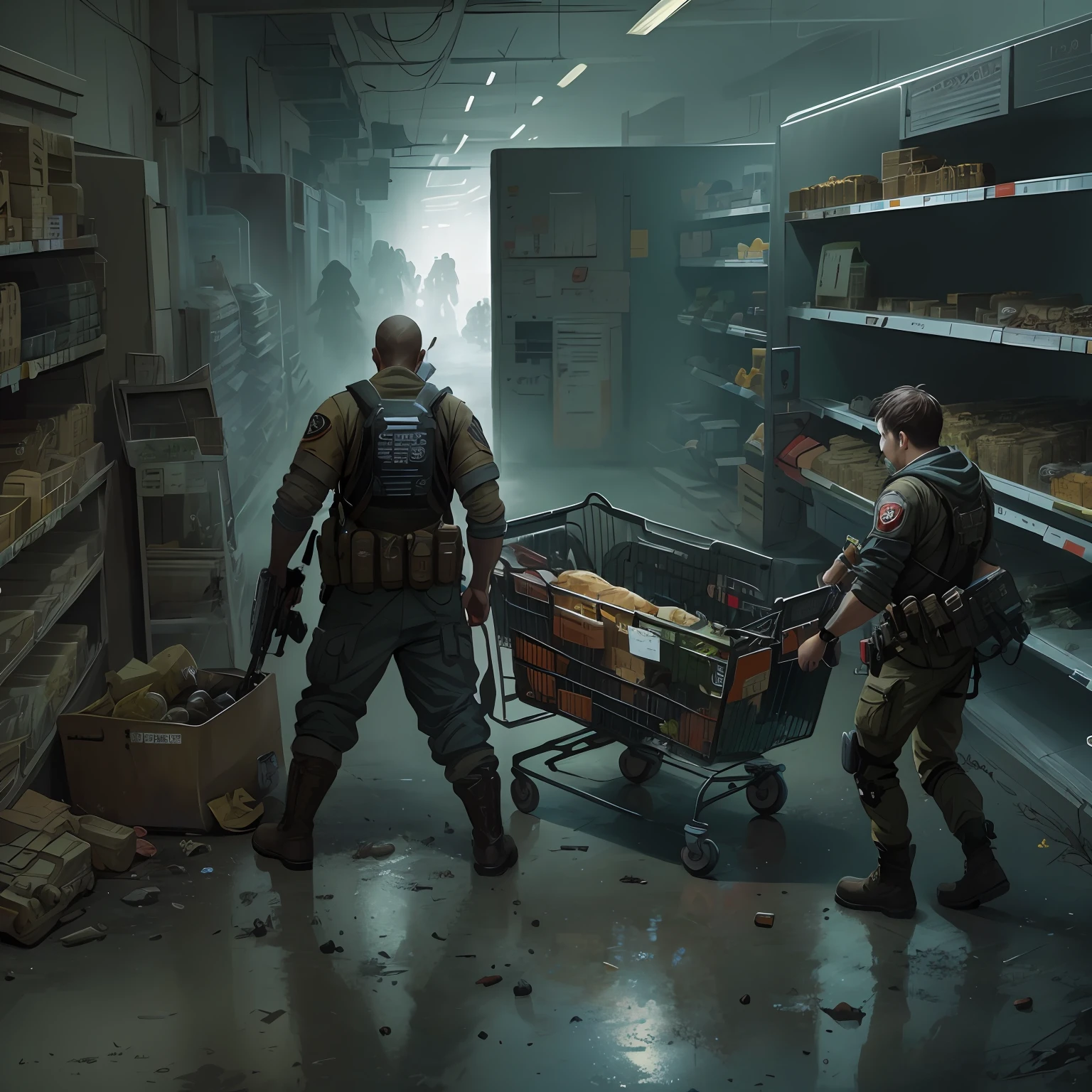 In the supermarket, The commander took the survivors in search of supplies, detailed game art illustration, concept art like ernest khalimov, fps game concept art, resident evil virus concept art, Game illustration, by Ni Yuanlu, realistic apocalyptic war scene, combat scene, author:Alexander Jean, photorealistic dark concept art, Soma game art style, concept art for a video game
