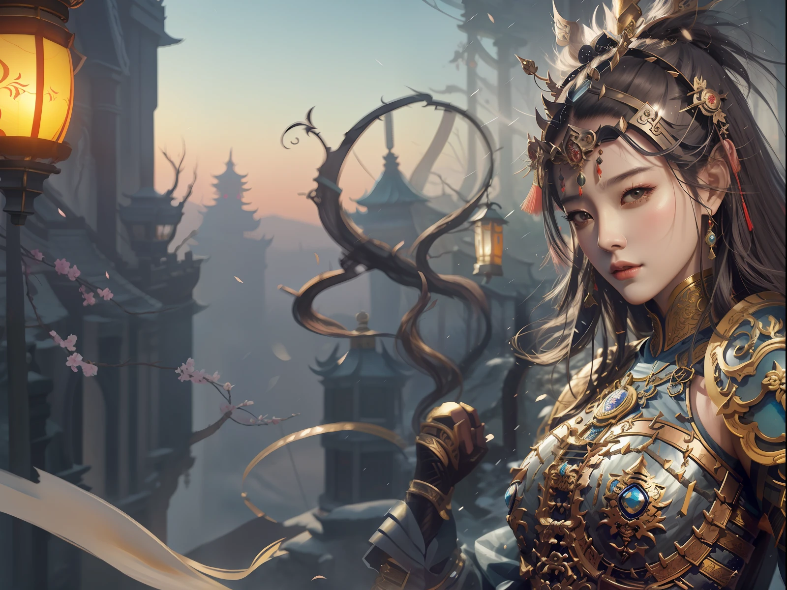 arafed woman in armor with a sword and a lantern, by Yang J, beautiful character painting, chengwei pan on artstation, a beautiful fantasy empress, beautiful digital artwork, by Fan Qi, fanart best artstation, digital fantasy art ), cgsociety and fenghua zhong, by Li Song, stunning character art, inspired by Fenghua Zhong
