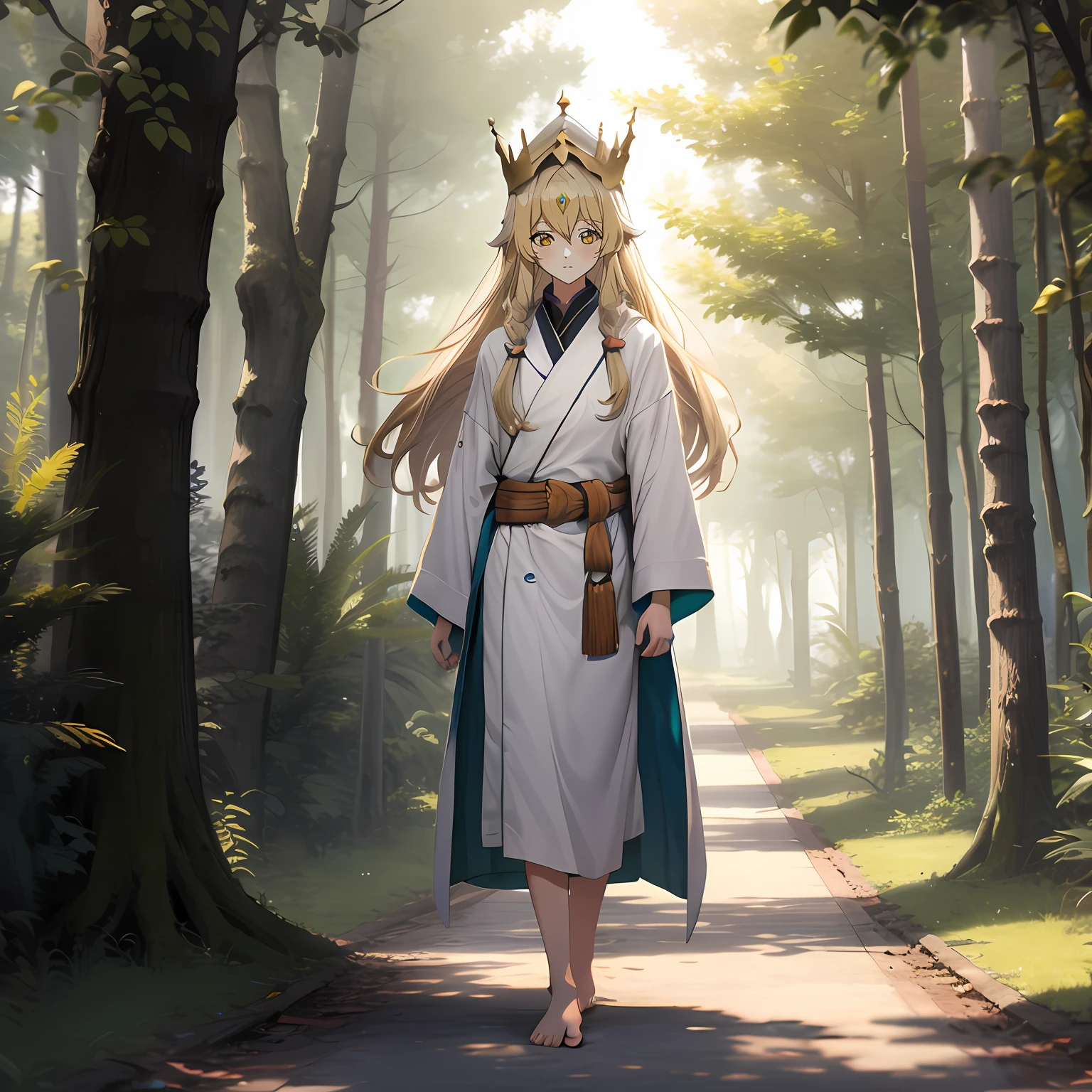 Anime girl in white robe and crown walking on the path, Guviz-style artwork, princess 'kida' kidagakash, blond-haired princess, queen of the forest, Blonde anime girl with long hair, anime lush john 8k woods, Guweiz in Pixiv ArtStation, Anime goddess, flowing hair and long robes