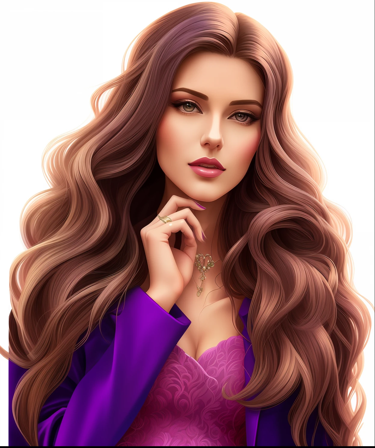 a close up of a woman with long hair and a purple jacket, in style of digital illustration, digital art of an elegant, glossy digital painting, in style of digital painting, sultry digital painting, style digital painting, cartoon digital art, digital art picture, cartoon digital painting, beautiful gorgeous digital art, realistic digital illustration, elegant digital painting, portrait digital art