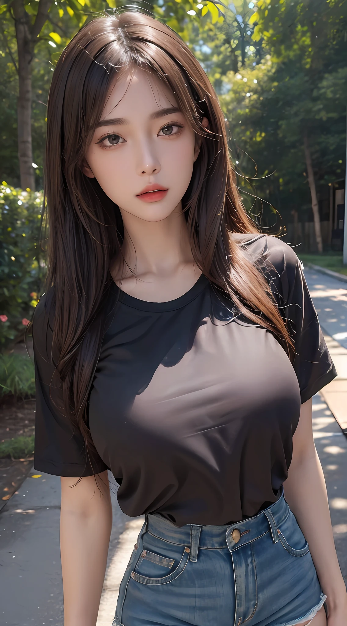 ((top quality, 8k, masterpiece: 1.3)), sensual woman, 1 girl, (slender figure: 1.2), dark brown hair, (outdoor, shirt, shorts: 1.1), ultra detailed face, detailed lips, detailed eyes, double eyelids, (huge breasts: 1.2)