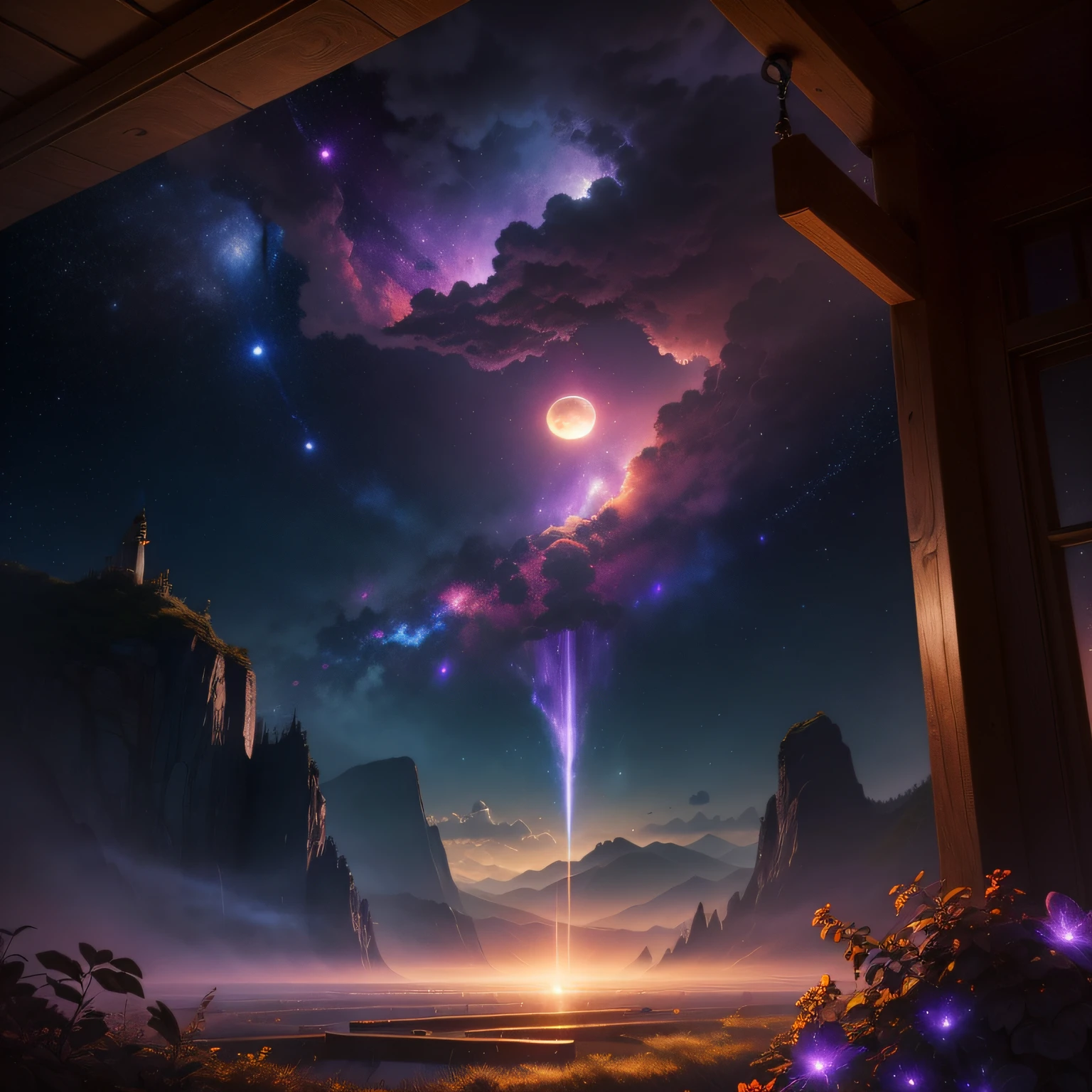 a view from below that shows sky above and open field below, (full moon:1.2), ( shooting stars:0.9), (nebula:1.3), distant mountain, tree BREAK production art, (warm light source:1.2), (Firefly:1.2), lamp, lot of purple and orange, intricate details, volumetric lighting BREAK (masterpiece:1.2), (best quality), 4k, ultra-detailed, (dynamic composition:1.4), highly detailed, colorful details,( iridescent colors:1.2), (glowing lighting, atmospheric lighting), dreamy, magical, (solo:1.2)