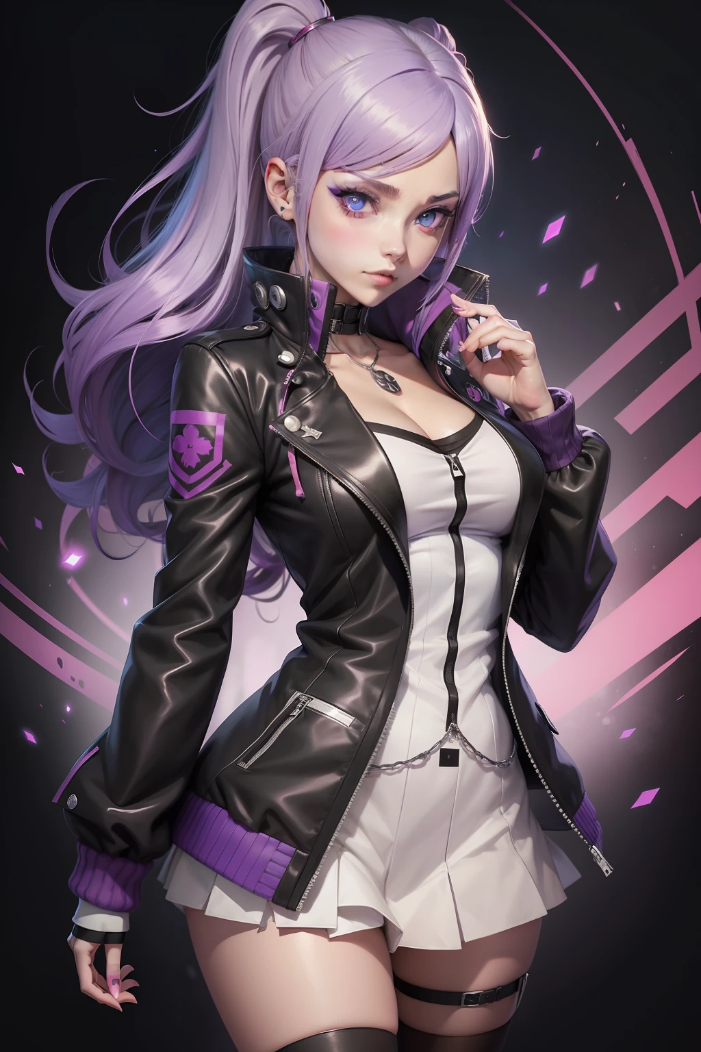 Anime girl with purple hair and blue eyes in a black jacket, digital art from danganronpa, Yayoi Kasuma, gapmoe yandere grimdark, 1 7 - year - old anime goth girl, anime moe art style, jojo anime style, portrait gapmoe yandere grimdark, trigger anime art style, shalltear from overlord