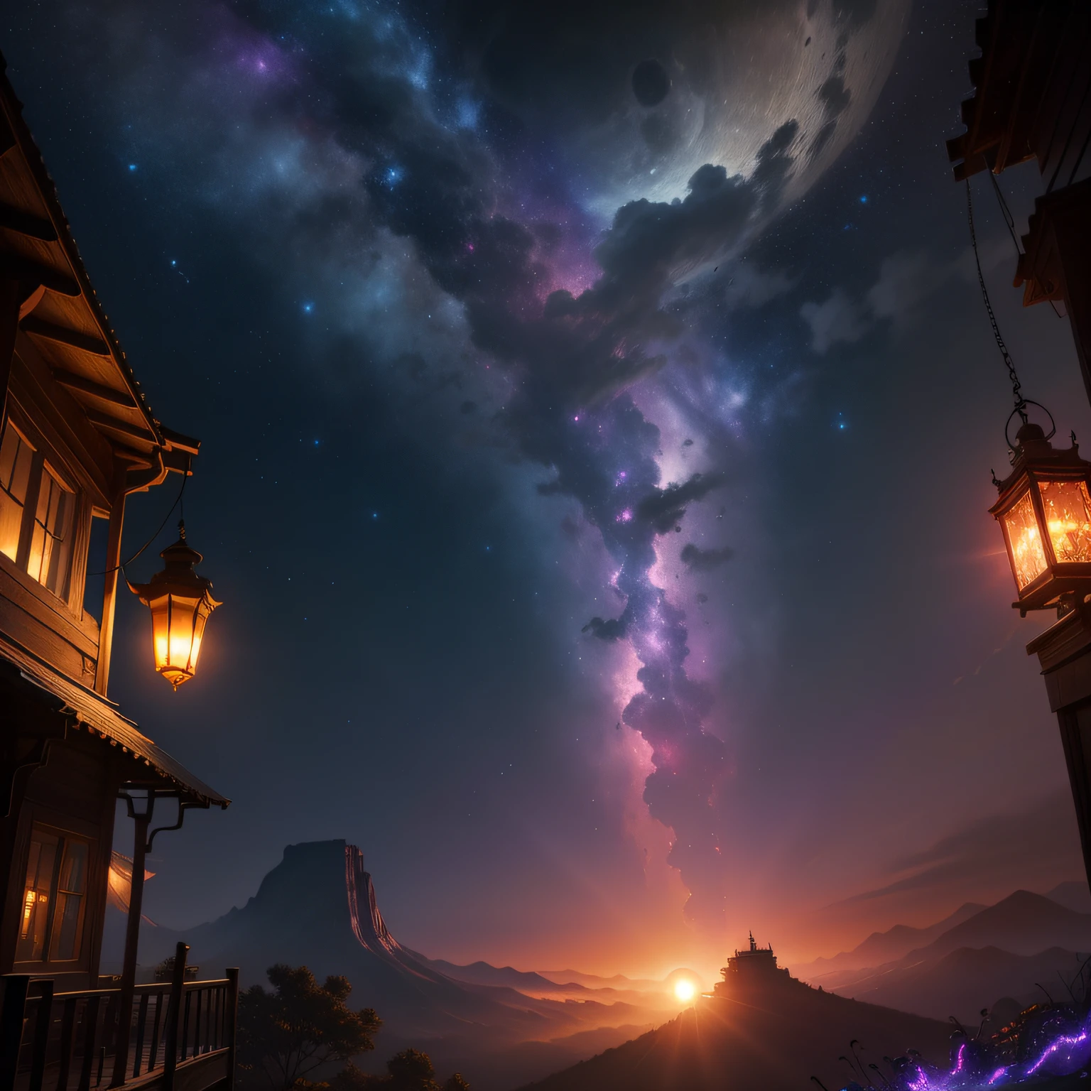 a view from below that shows sky above and open field below, (full moon:1.2), ( shooting stars:0.9), (nebula:1.3), distant mountain, tree BREAK production art, (warm light source:1.2), (Firefly:1.2), lamp, lot of purple and orange, intricate details, volumetric lighting BREAK (masterpiece:1.2), (best quality), 4k, ultra-detailed, (dynamic composition:1.4), highly detailed, colorful details,( iridescent colors:1.2), (glowing lighting, atmospheric lighting), dreamy, magical, (solo:1.2)