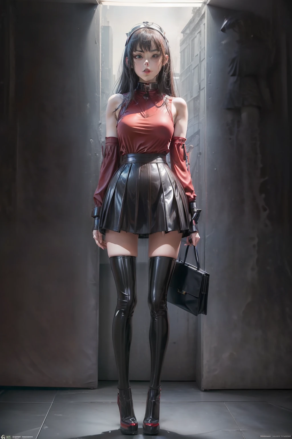 (full body shot:2), （full focus:1.3）, Must show your face, anatomy correct, The character wears a knee-length skirt, Hold a book, Red and blue color scheme, Strangling effect, High-heeled leather shoes, anklet, leg loops, collars, Heavy makeup, A shallow laugh, Latex over-the-knee socks must be worn, hyper HD, Ray traching, structurally correct, Award-Awarded, high detal, lightand shade contrast, cinmatic lighting, tmasterpiece, super detailing, high high quality, high detal, best qualityer, 16k