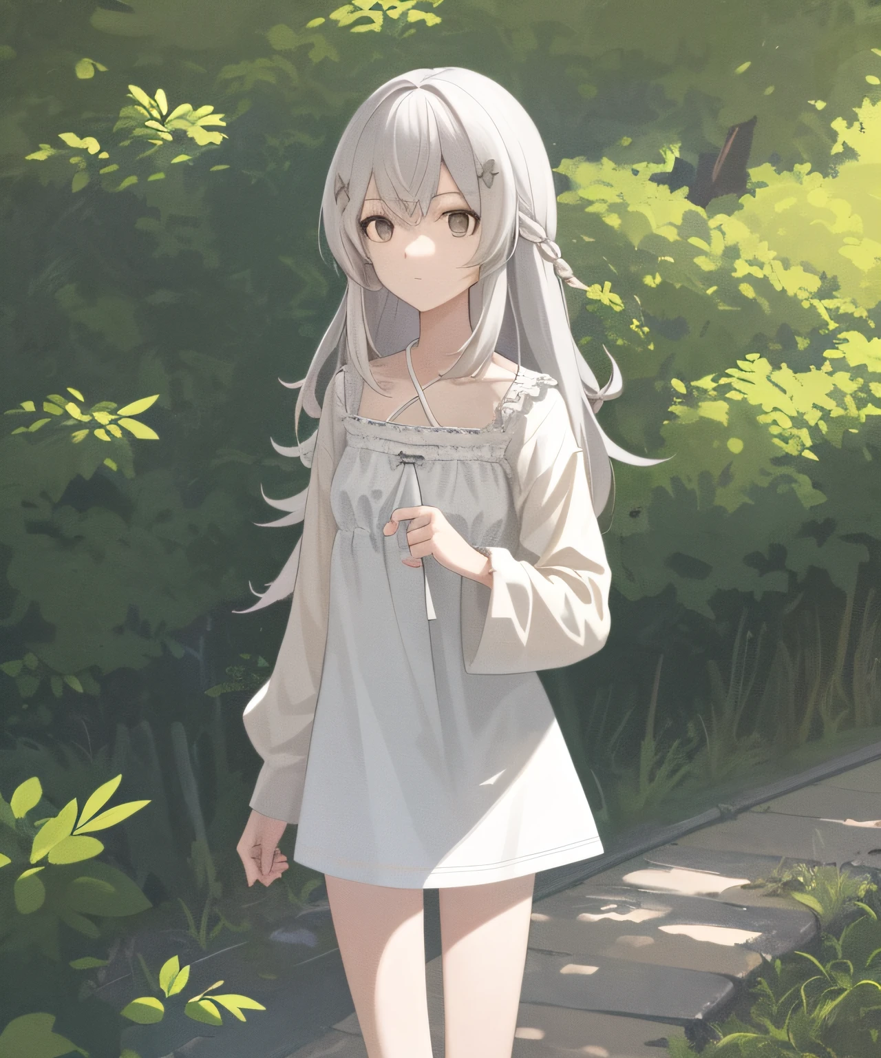 1 girl, Outdoors, Short white top, white panties, brown hair, long whitr hair, slippers, Slim, long leges, Silver hair, Long hair, En plein air, Chiaroscuro, hyper HD, ccurate, High details, Best quality