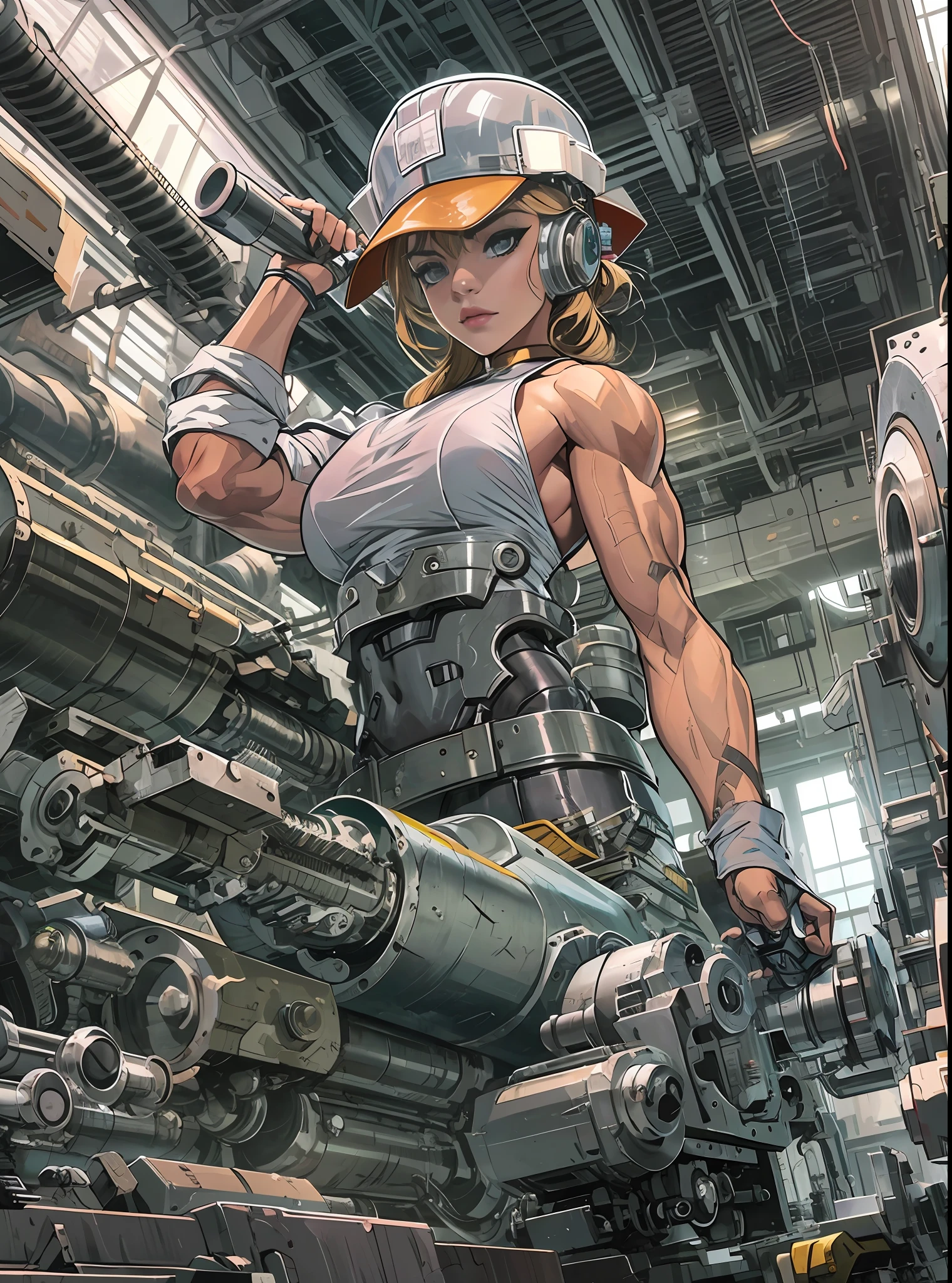 Young girl, Metal plant worker, Working on a machine tool, muscular body, detailed, detailed body, dynamic pose