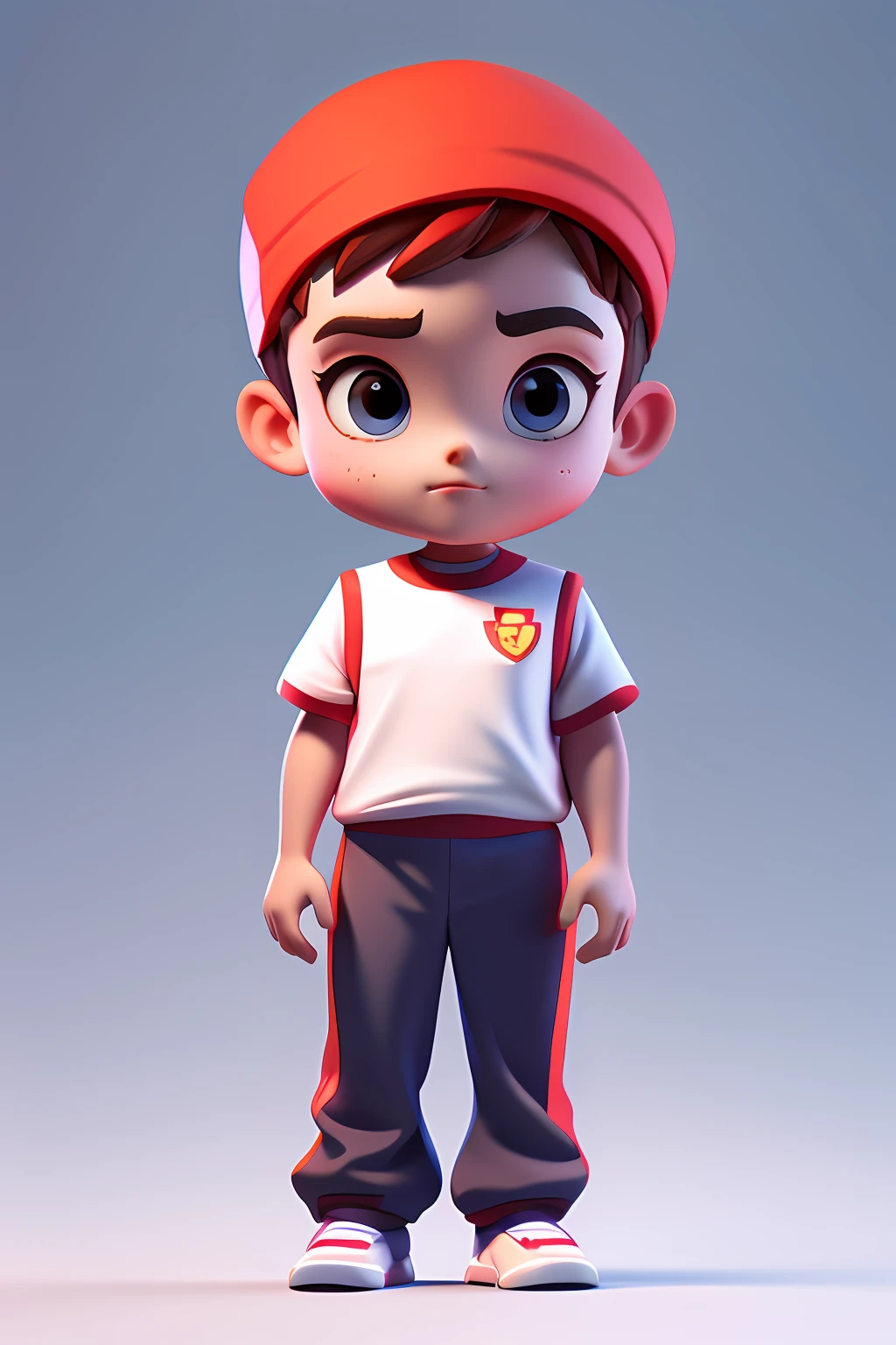 3d character,Primary school boys,10years old,White color blouse,rays of sunshine,track pants,(full bodyesbian:1.2),simplebackground,white backgrounid,tmasterpiece,best qualtiy,(red gradient background:1.1)