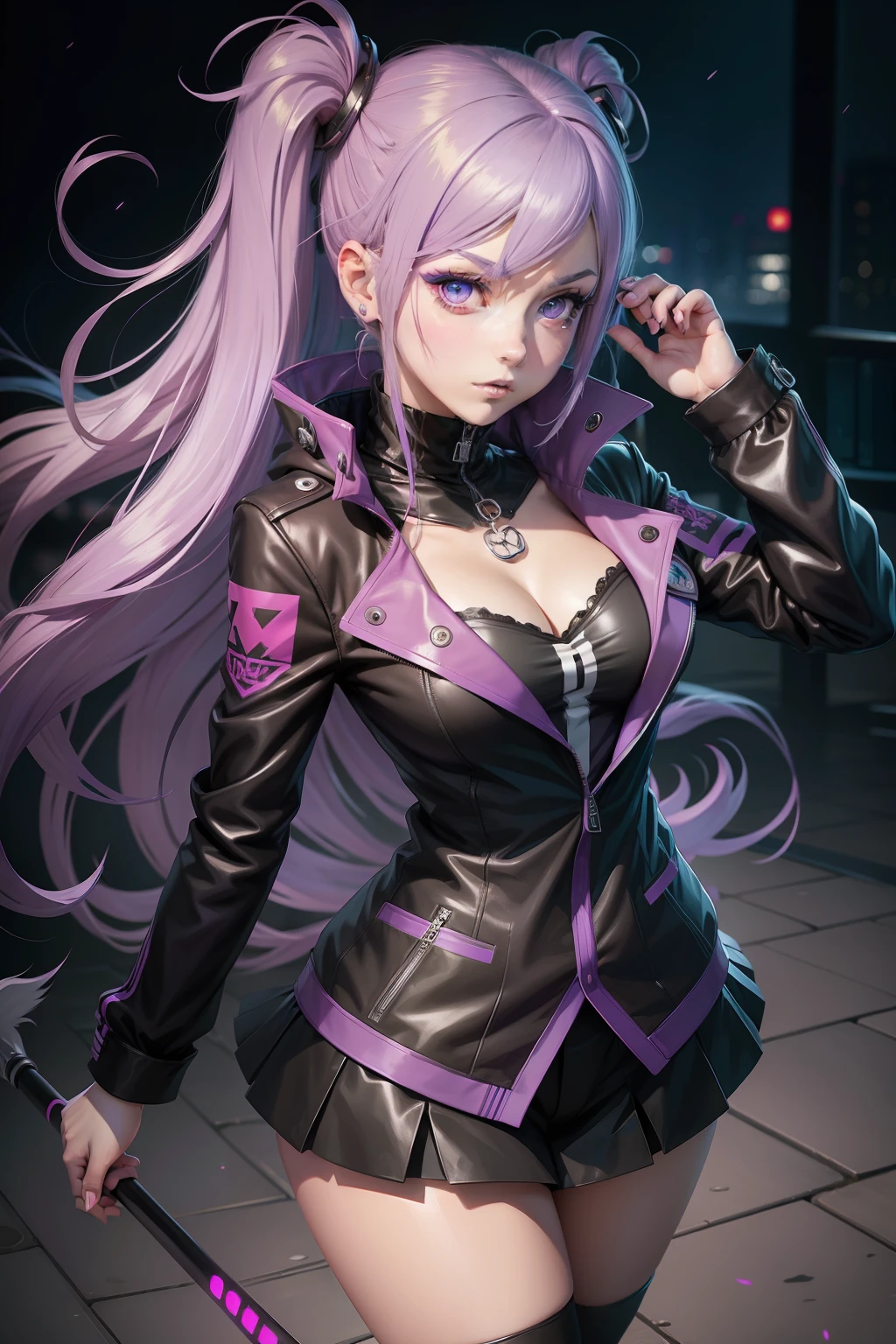 Anime girl with purple hair and blue eyes in a black jacket, digital art from danganronpa, Yayoi Kasuma, gapmoe yandere grimdark, 1 7 - year - old anime goth girl, anime moe art style, jojo anime style, portrait gapmoe yandere grimdark, trigger anime art style, shalltear from overlord