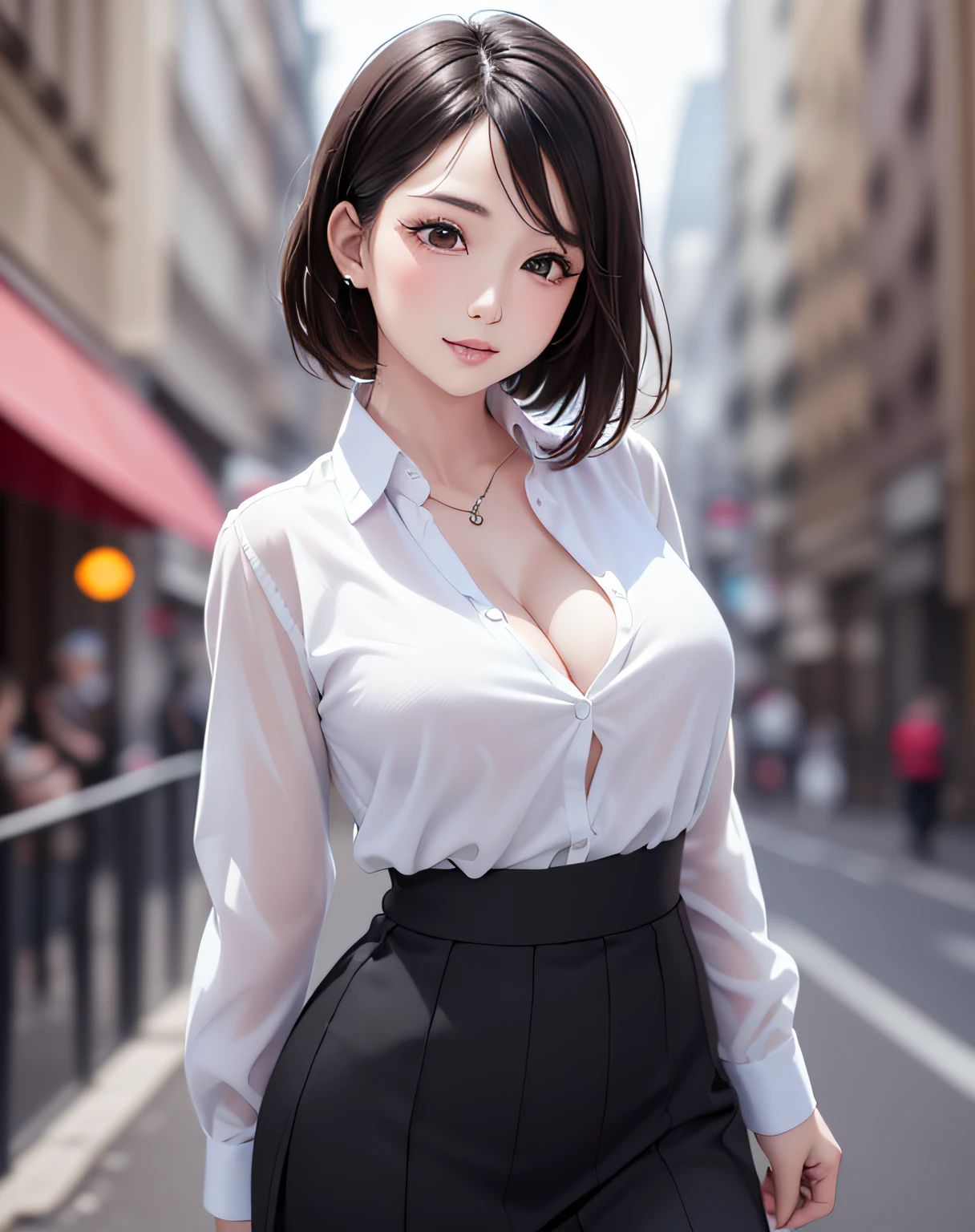 (event companion:1.5, midtown street background:1.5, standing on turn-table:1.5), photo realistic, anime style, (8k, RAW photo, best quality, masterpiece:1.2), High detail RAW color photo, professional photograph, cowboy shot, (realistic, photo realistic:1.37),cinematic light, (finery detailed face:1.2), cowboy shot, thigh 1 girl in bath, 28-38 years old, very cute, very beautiful, photo realistic, event companion, BREAK, white oily skin, real human skin, (detailed face), oval face, pores, round eyes:1.0, ultra high res, BREAK, slim, (medium-large-breast:1.37, cleavage:1.37), (looking straight at viewer with a serene and goddess-like happiness:1.2), (lifter gloss, eyelashes, gloss-face, best quality, ultra highres, Broad lighting, natural shading), (beautiful thin short hair, wavy pony-tail hair style:1.5, shiny-black hair:1.5), BREAK, (event companion uniform:1.3, white collared shirt;1.3, black high-waist pencil-long-skirt:1.3), BREAK, ((show case:1.5, standing in the street1.5)), ((from below:1.3, show girl posing1.5)), blurry background, bokeh, depth of field, cowboy shot:1.3, centered image,