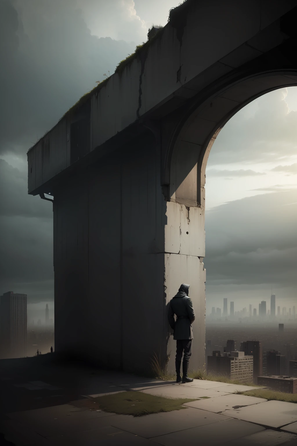 The sad back stands alone on the edge of the city,The gray sky in the distance gradually darkened,Symbolizes the arrival of a gloomy future