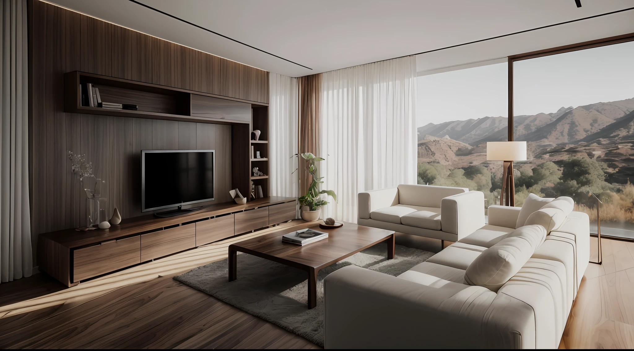 RAW photo, Masterpiece, high quality, best quality, authentic, super detailed,(( walnut furniture )), minimalist architecture, minimalist livingroom, couch, table(white panel, wood panel), 1 rug, shelf tv, sofa, window, curtains,((laminated plaster,))), sunset light)), archdaily architecture, (high detail: 1.2), 8k uhd, dslr, soft light, high quality, film grain, Fujifilm XT3, cinematic lighting, light and shadow from window