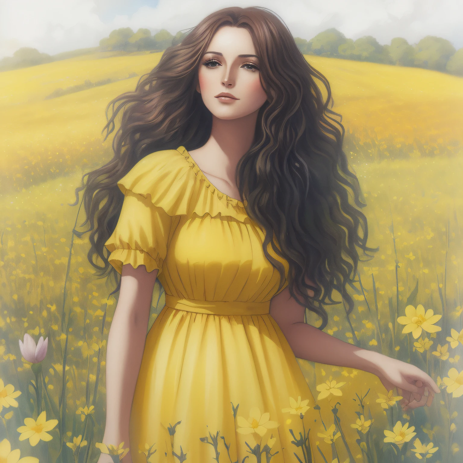pintura de uma mulher em um vestido amarelo sentado em um campo de flores, Tema amarelo cabelo ondulado, uma deusa em um campo de flores, mulher amarela bonita, menina em um campo de flores, em um campo de flores, Retrato da menina no campo da flor, inspirado em Cynthia Sheppard, Frontal da menina em um campo da flor, pintura digital em aquarela, girl standing in a flower field