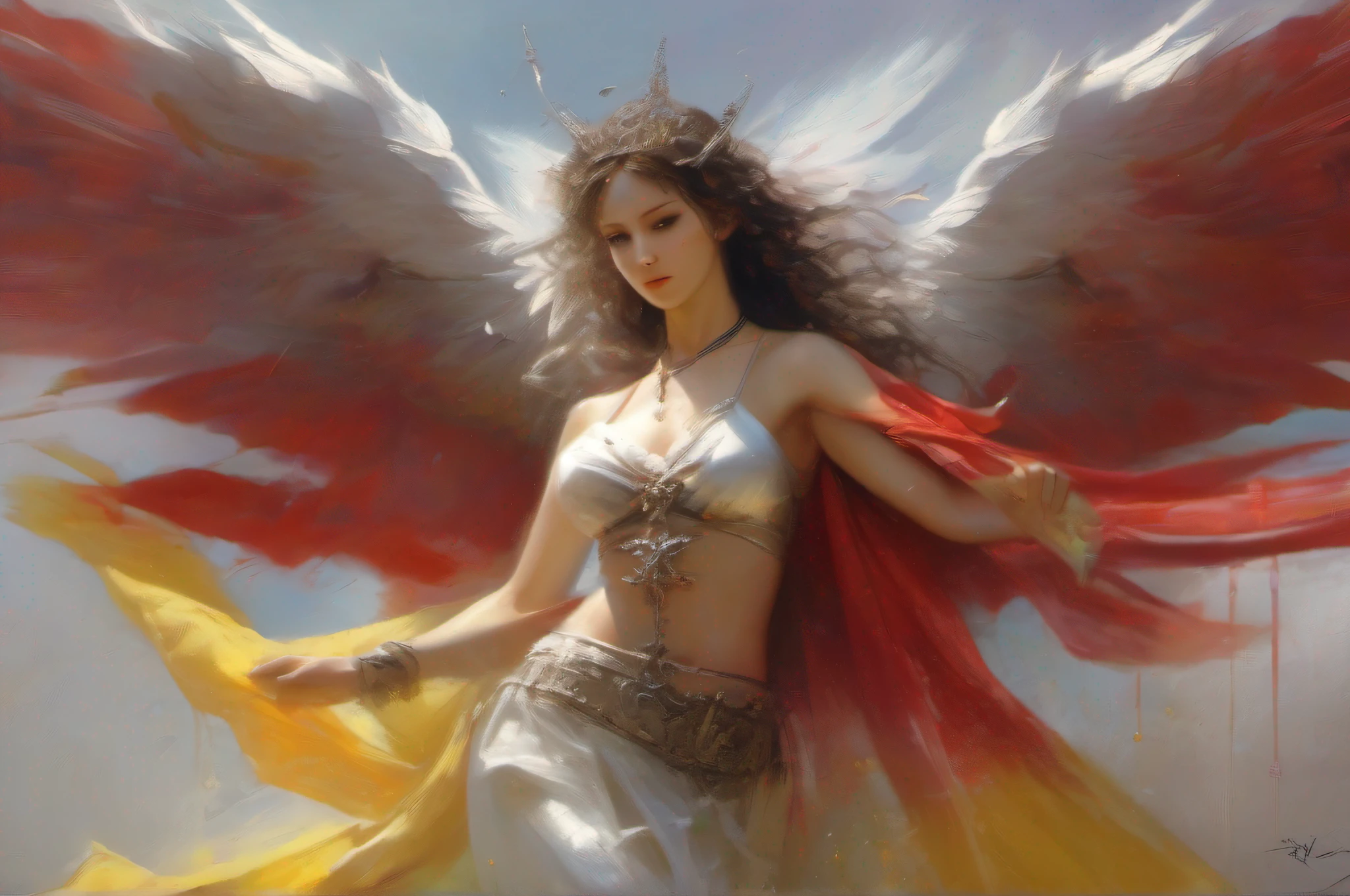 8k, victory pose, slight smile, goddess angel of juice, yellow and red, Pino Daeni , Spannish flag, angel by, Luis Royo, shower, pastel style, wet body,, shower domination mischievous cute angel, 3d, octane, Luis Royo, photography style, Pino Daeni, Spannish flag