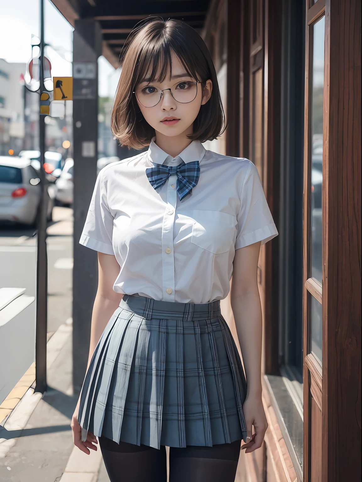 (8K、Raw photography、top-quality、masterpiece:1.2),Pupils,Light Blue Bra,de pele branca,kne,(Black pantyhose),absurderes,a small face,small tits,flat breast,Parting the bangs from the middle、Forehead visible,(a cold expression<Tight eyes,glares,Bullish,skinny,Rasping,irate)、masterpiece,top-quality、超A high resolution,Raw photo,ren,Beautiful fece,One Person, 独奏,eye glass,,Dark look,Small breasts,fullllbody,Round glasses、cute little、JK school uniform,hi-school girl,A Japanese Lady,is standing,(Photorealsitic:1.37)、Photon mapping,Light blue ribbon,Realistic、Cute little face,Brown-eyed、Black socks、(Red bow tie)、Radio City、Physically Based Rendering、Foreground、depth of fields、Blurry background、a picture,The girls、Body,beauty legs, Long legs, Thin leg,Long bob cut,(Bangs are visible), hair, s lips, Blue_The eye, nosesoft,(Light blue shirt), (Navy and blue and white plaid pleated skirt), Knees are visible,Sheer clothing,, Thigh, Black cotton socks,Nogizaka Idol, 女優, Japanese ido