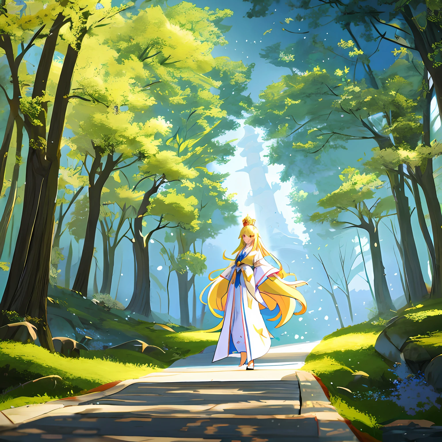 Anime girl in white robe and crown walking on the path, Guviz-style artwork, princess 'kida' kidagakash, blond-haired princess, queen of the forest, Blonde anime girl with long hair, anime lush john 8k woods, Guweiz in Pixiv ArtStation, Anime goddess, flowing hair and long robes