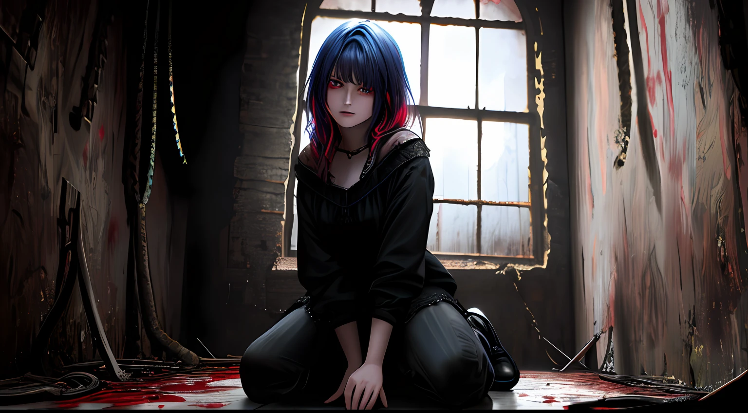 (best quality, masterpiece:1.2), ultra-detailed, (realistic, photo-realistic:1.37), dark and eerie underground basement, 1 girl covered in blood, detailed facial features, haunting eyes, creepy atmosphere, distressed clothing, terrified expression, dim lighting, Material: Illustration, oil painting, or photography, Additional details: Damp and musty environment, cracked walls, dirty water on the floor, eerie shadows, rusty pipes, chains, broken furniture, scattered objects, Image quality: HDR, studio lighting, ultra-fine painting, sharp focus, physically-based rendering, extreme detail description, professional, vivid colors, Art style: Dark, horror, gothic, Color tone: Desaturated colors with a hint of red, Lighting: Dim and moody lighting, with dramatic shadows, colored inner hair, hair over shoulder, mole under eye, kneeling on the ground, There are scars on the arms, clothes are disheveled, photorealistic, 3D rendering, bokeh, anime, panorama, 4k, 8k, highres, UHD, UHD, masterpiece, super detail, high details, 8k