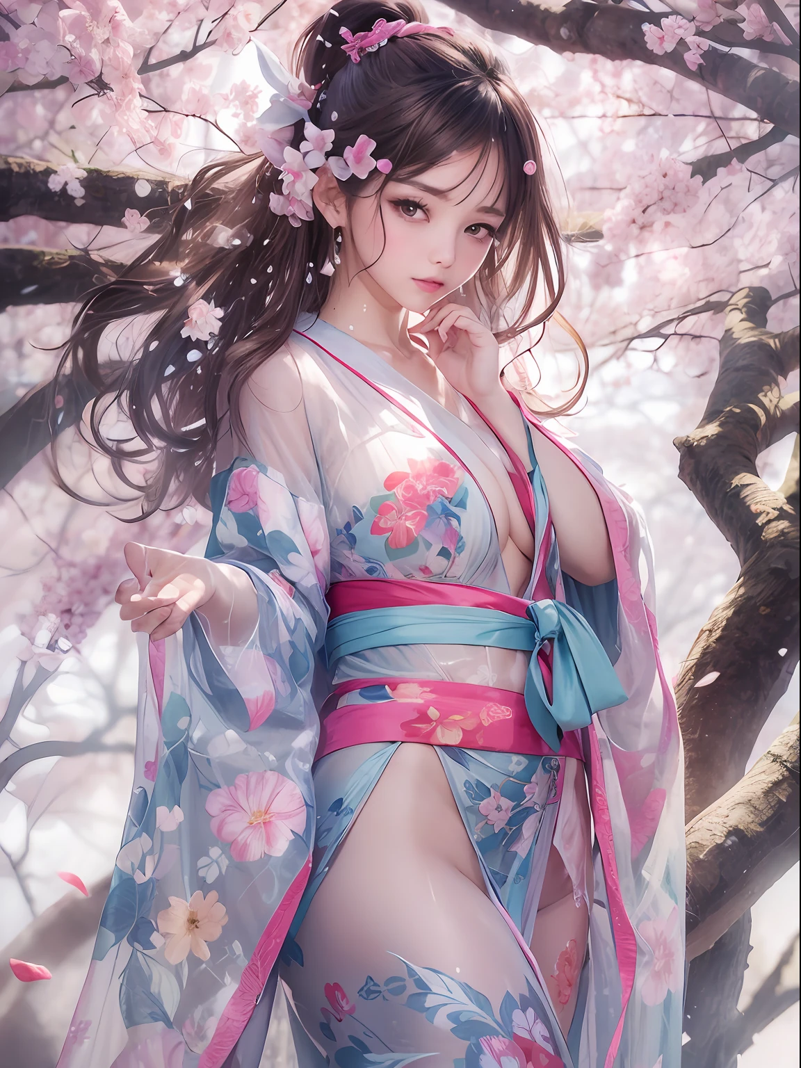 loose outfit、Show shoulders、How to wear a broken see-through kimono、Decorated with intricate patterns and bright colors、Transparent material that makes the skin shine、Artistic depiction of seductive woman in kimono with wet thin cloth and transparent skin, Floral and fantastic pattern with flowing silky traditional see-through skin。Her dress draped elegantly around her curvaceous figure、Emphasizes her charming silhouette。She's a gentle fireworks night、Dynamic Posing、Sexy Posing、bathed in the soft glow of moonlight。The scene is、With a hint of mystery and sensuality、It exudes an ethereal dreamy atmosphere。The image style is、Incorporates a blend of watercolor and digital illustration techniques.、It makes you feel delicate beauty and charm。Soft moonlit lighting、Cast gentle highlights and shadows on her mesmerizing features。Dynamic Posing、Bold poses、The hand is somewhere、see -through、show through、A sexy、Wet hair、Wet、cherry trees、flower petals、cherryblossom、The cherry tree、Sakura blizzard、buried、Transparent skin、Wet clothes、Chest Pulling、Translucent clothes、On the water、huge moon、