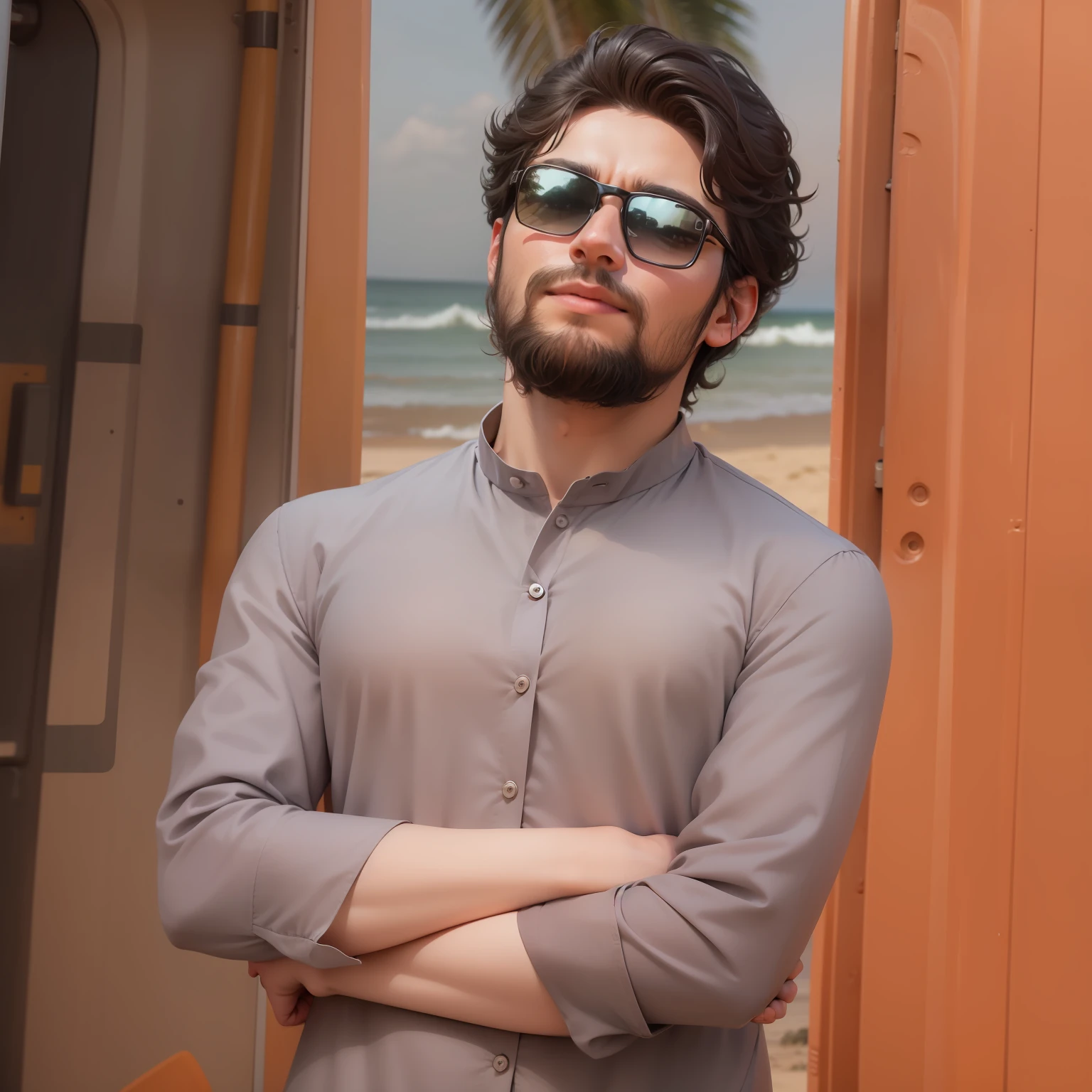 Make photo without changing the face, standing on beach with car wearing beautiful dress