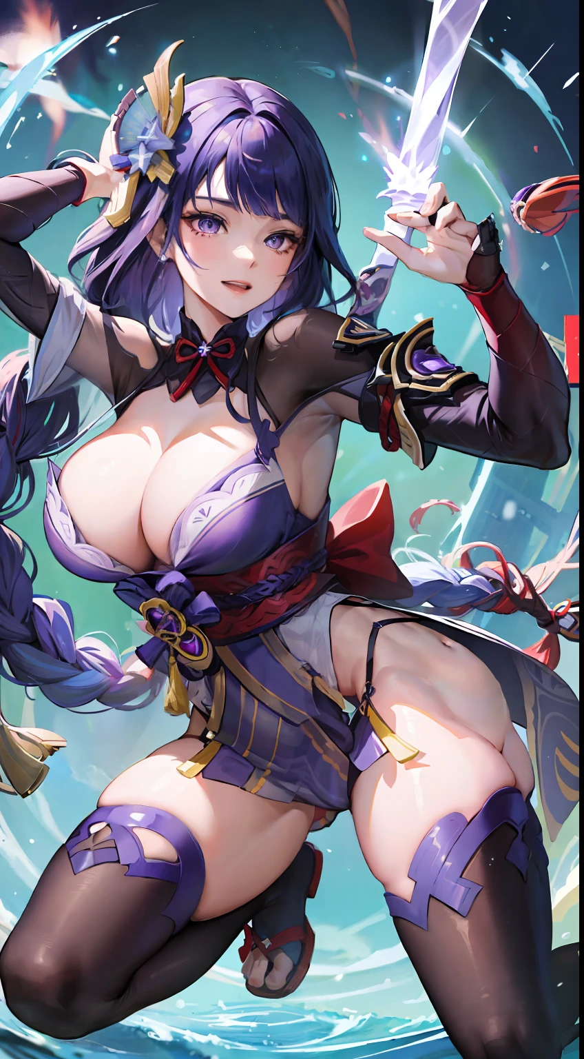 Raiden General Genshin Impact ,ssee-through，Fleshy thighs，Thunder Sword，Pose，Poster publicity style，Simetall，busty figure，C cup，Happy expression