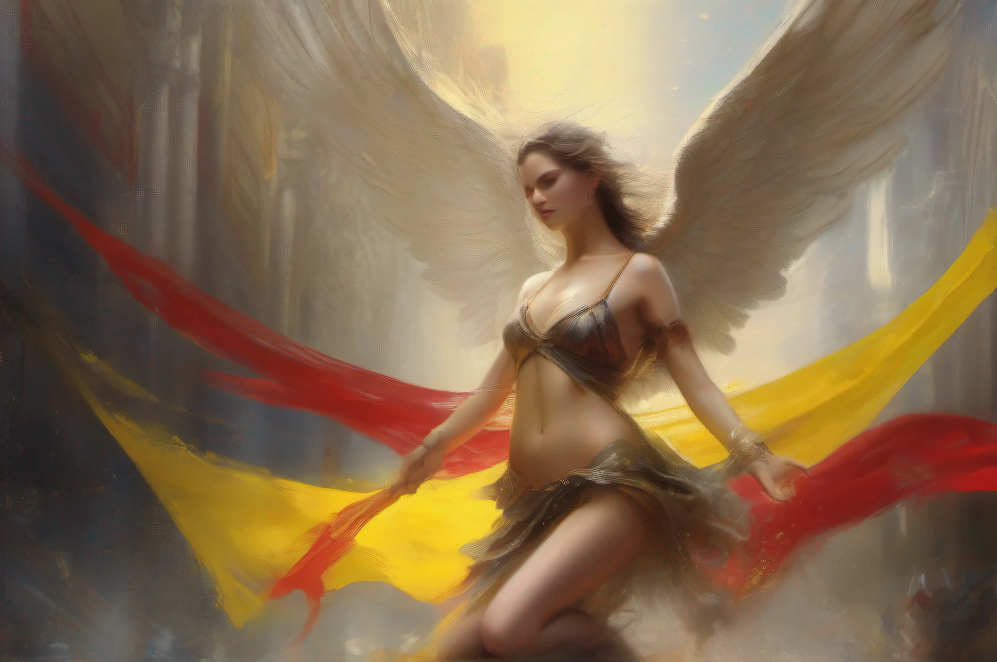 8k, victory pose, slight smile, goddess angel of juice, yellow and red, Pino Daeni , Spannish flag, angel by, Luis Royo, shower, pastel style, wet body,, shower domination mischievous cute angel, 3d, octane, Luis Royo, photography style, Pino Daeni, Spannish flag