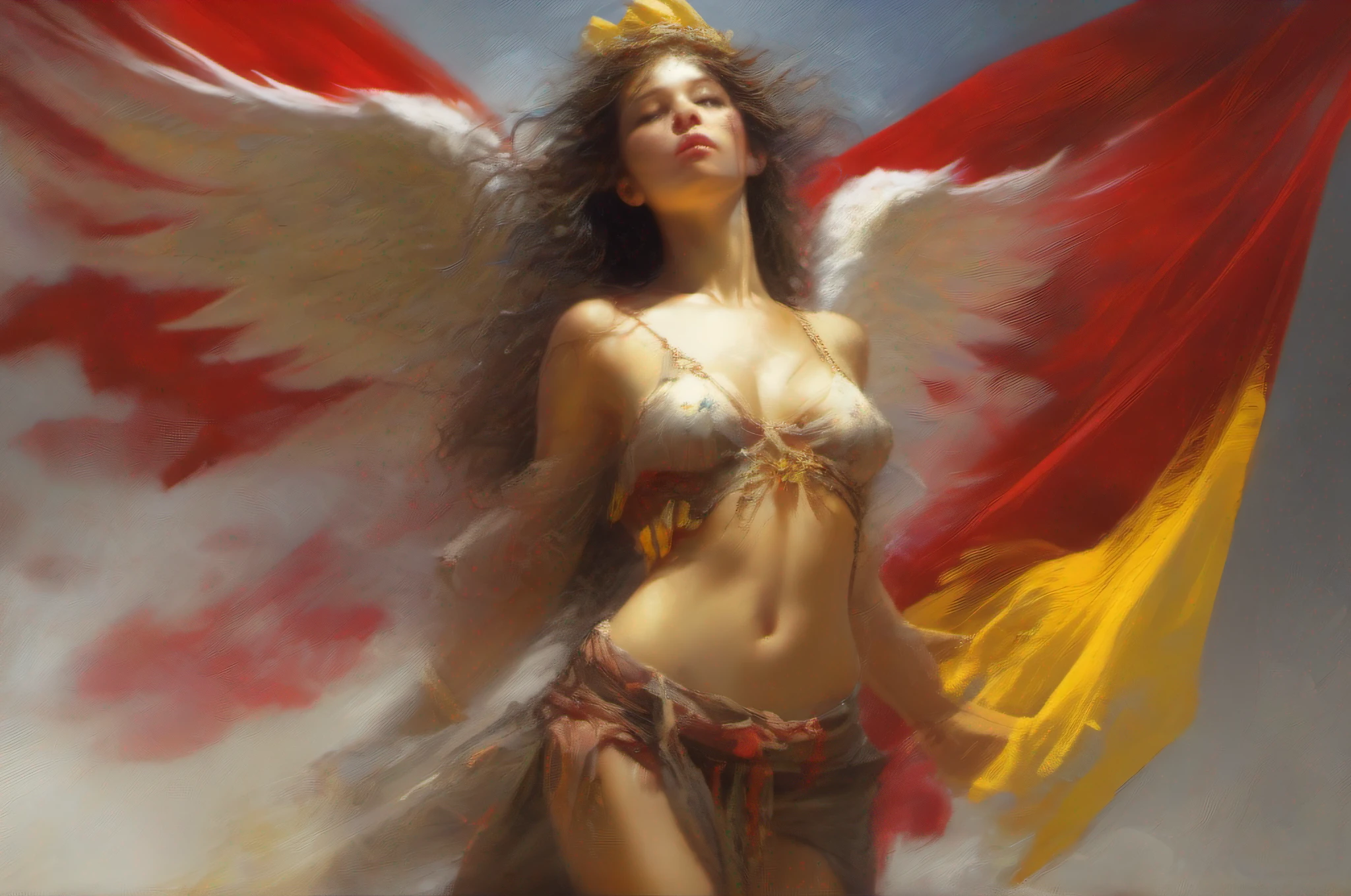 8k, victory pose, slight smile, goddess angel of juice, yellow and red, Pino Daeni , Spannish flag, angel by, Luis Royo, shower, pastel style, wet body,, shower domination mischievous cute angel, 3d, octane, Luis Royo, photography style, Pino Daeni, Spannish flag