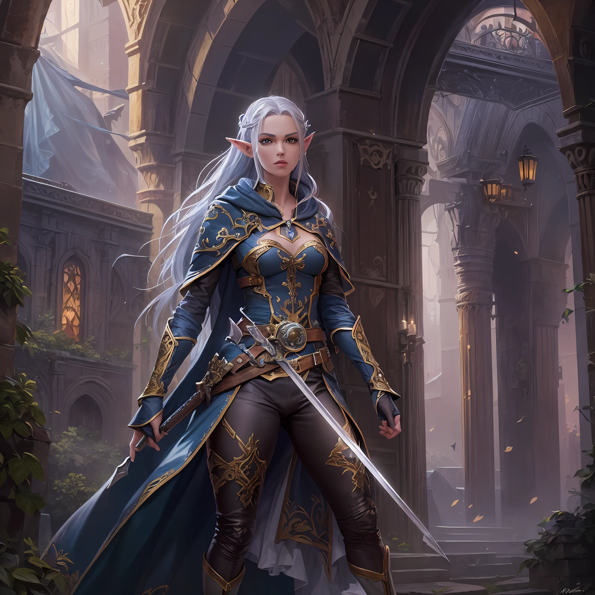 a picture of a female elf (intense details, Masterpiece, best quality: 1.5) fantasy swashbuckler, fantasy fencer, armed with a slim sword, shinning sword, metallic shine, colorful clothes, an ultra wide shot, full body (intense details, Masterpiece, best quality: 1.5)epic beautiful female elf (intense details, Masterpiece, best quality: 1.5), rich hair, braided hair, small pointed ears, fantasy urban street (intense details, Masterpiece, best quality: 1.5),  purple cloak  (intense details, Masterpiece, best quality: 1.5), long cloak (intense details, Masterpiece, best quality: 1.5), elven leather armor  (intense details, Masterpiece, best quality: 1.5) sense of daring, sense of adventure,  high details, best quality, 8k, [ultra detailed], masterpiece, best quality, (extremely detailed), dynamic angle, ultra wide shot, photorealistic, RAW, fantasy art, dnd art,fantasy art, realistic art,
