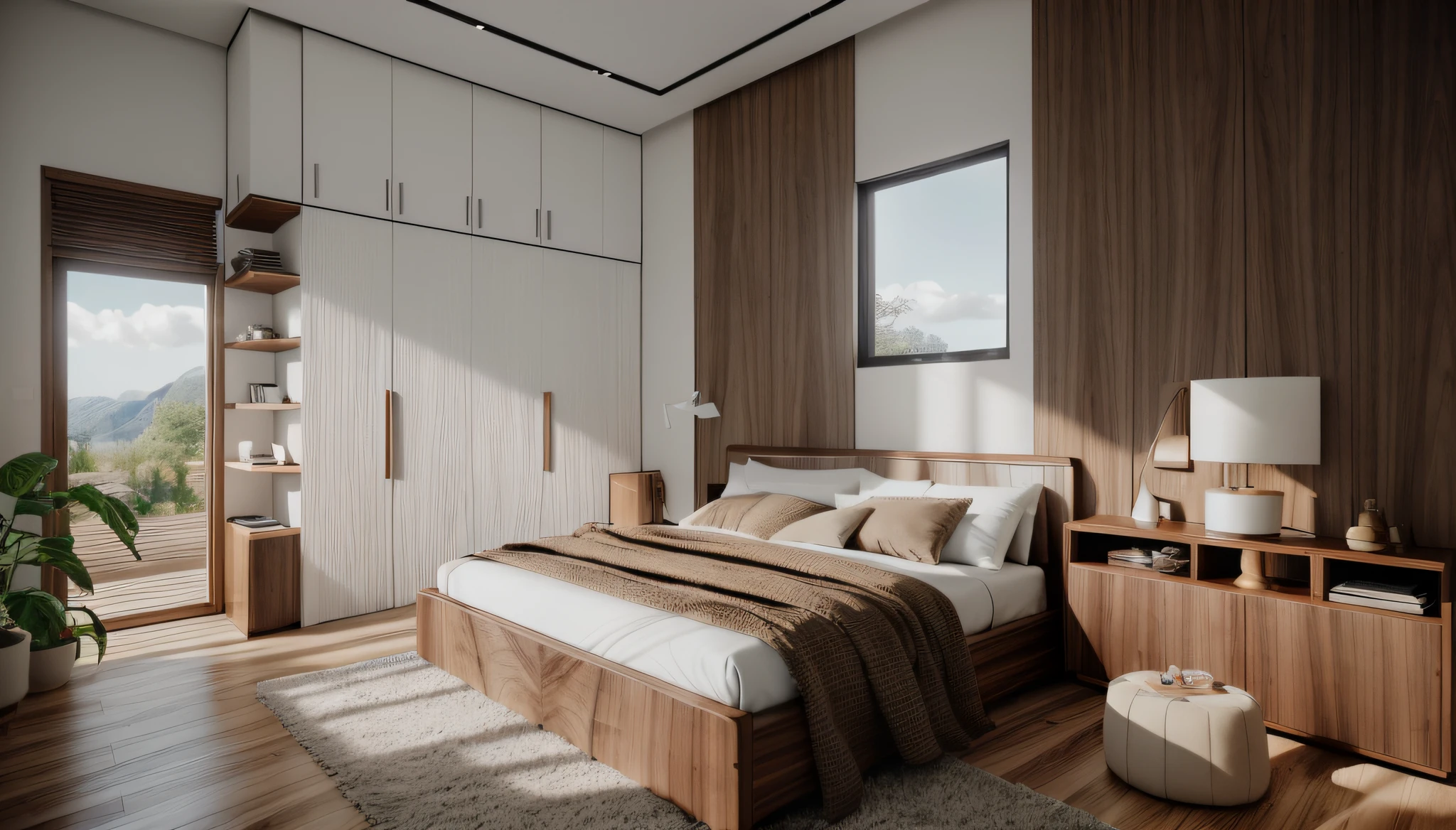 RAW photo, Masterpiece, high quality, best quality, authentic, super detailed,(( walnut furniture )), minimalist architecture, minimalist BEDROOM, couch, tab (white panel, wood panel), 1 rug, window, curtains,((laminated plaster,))), natural day light)), archdaily architecture, (high detail: 1.2), 8k uhd, dslr, soft light, high quality, film grain, Fujifilm XT3, cinematic lighting, light and shadow from window