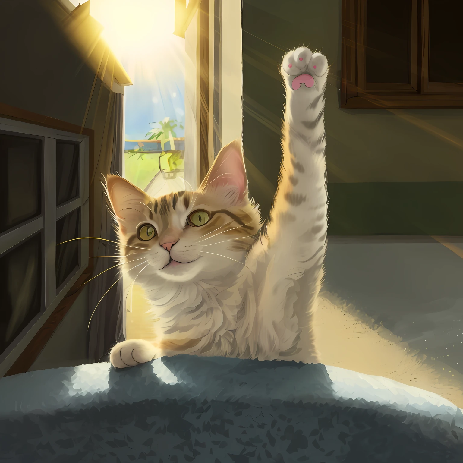 there is a cat that is sitting on a window sill，Paws up, waving at the camera, awesome cat, praise the sun, waving and smiling, Waving, raise both arms, sunrise light, funny cat, cute cat photo, neko, Happy cat, Cute cat, Sunset light, A cute cat, Strong sunlight, golden rays of sunlight, golden hour sunlight