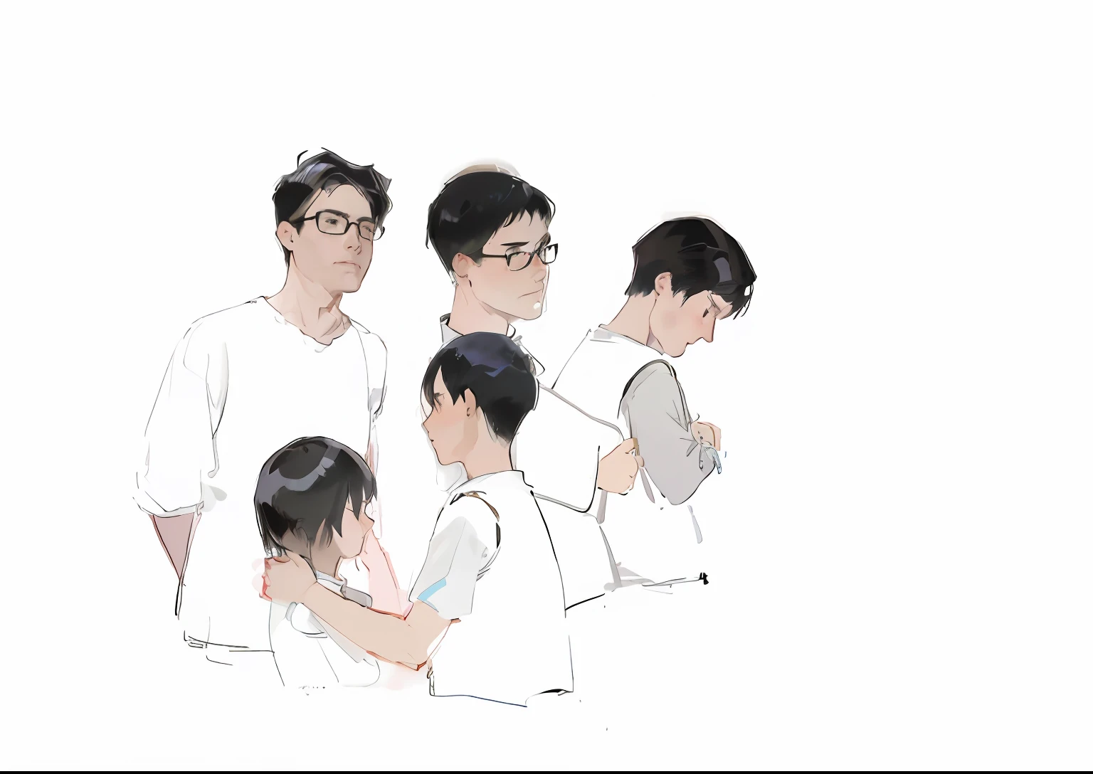 There were four people standing together，A person holding a mobile phone, Multiple poses, concept art of single boy, Digital drawing, mourning family, a variety of poses, author：Kim Myung-kook, blurry and dreamy illustration, inspired by Chen Daofu, digital sketch, Digital illustration, color pencil sketch, a variety of poses, The numbers gasped, digital pencil painting