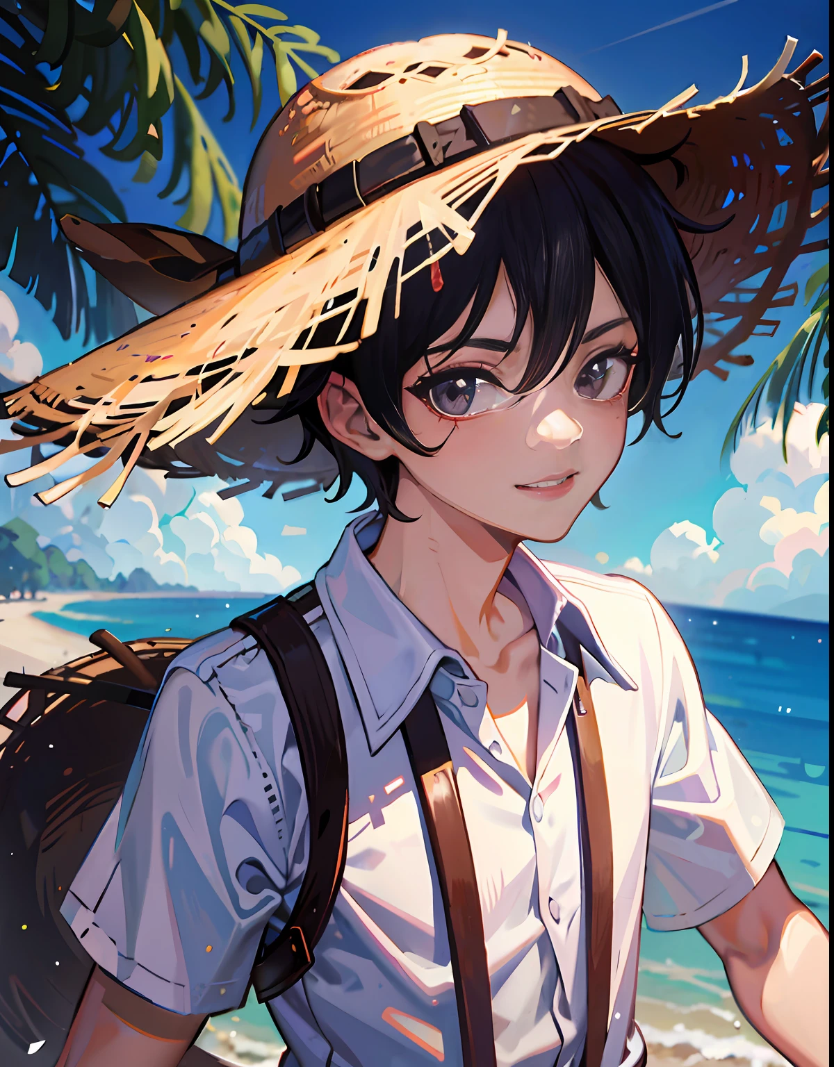 1boy, wanostyle, monkey d luffy, smiling, straw hat, looking at viewer, solo, upper body, ((masterpiece)), (best quality), (extremely detailed), depth of field, sketch, dark intense shadows, sharp focus, soft lighting, hdr, colorful, good composition, fire all around, spectacular, closed shirt, anime screencap, scar under eye, ready to fight, black eyes