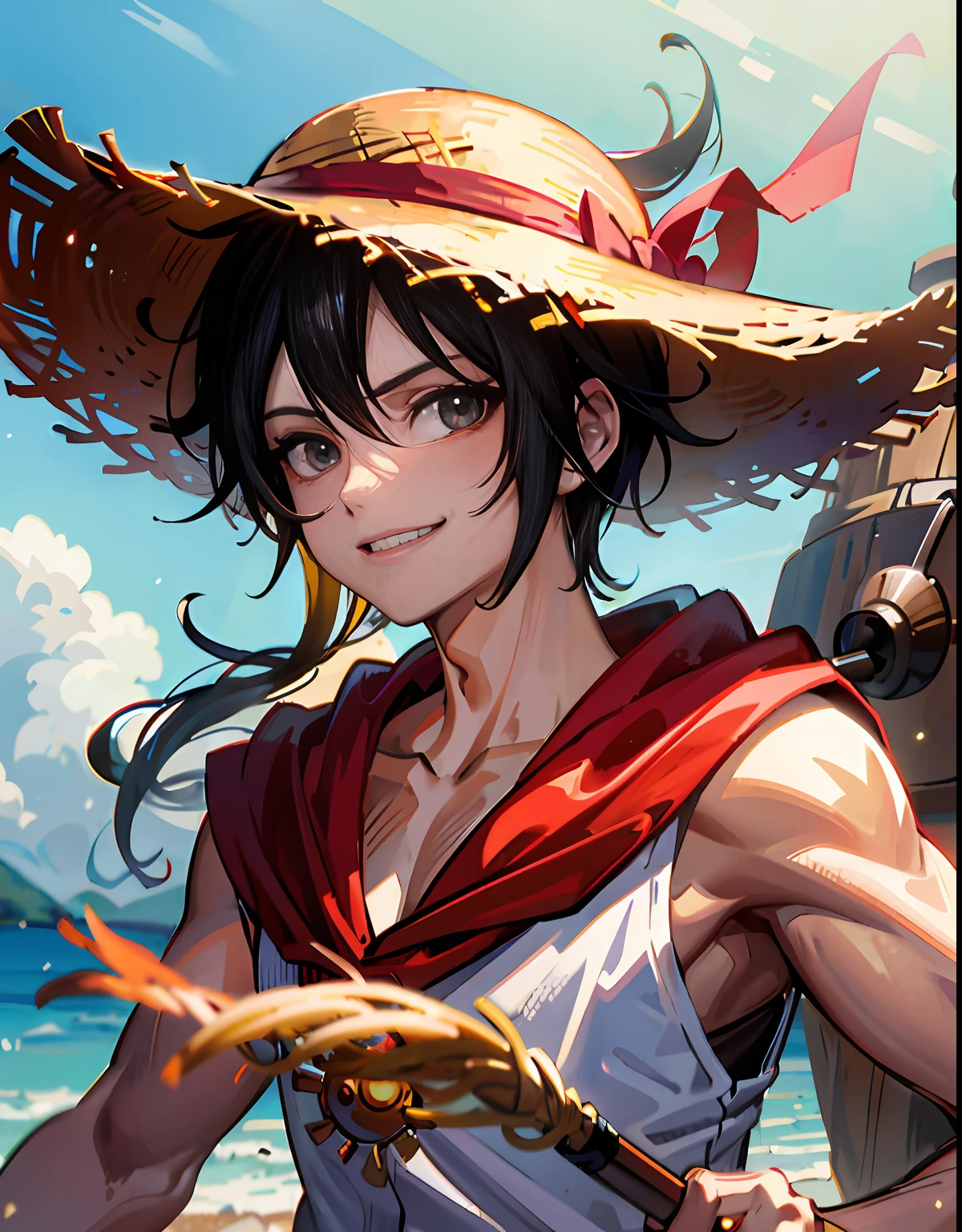 1boy, wanostyle, monkey d luffy, smiling, straw hat, looking at viewer, solo, upper body, ((masterpiece)), (best quality), (extremely detailed), depth of field, sketch, dark intense shadows, sharp focus, soft lighting, hdr, colorful, good composition, fire all around, spectacular, closed shirt, anime screencap, scar under eye, ready to fight, black eyes