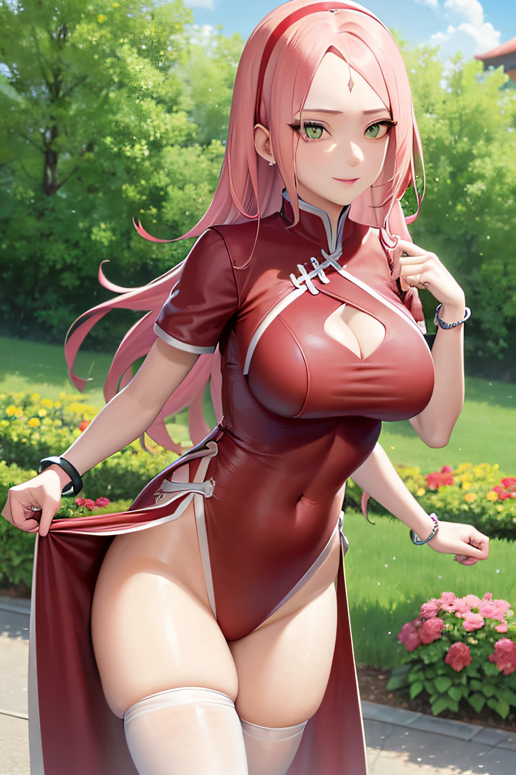 realisticlying, realisticlying,cowboy lens,tmasterpiece,hoang lap,1girll,Sakura Haruno,forehead mark,red hairband,Red cheongsam,white stockings,nabel,groin,bangle,looking at viewert,ssmile,SakuraNS,Private garden,ventania,Floating hair,big cleavage breasts,((Wide buttock))),tonedbody,Detailed eyes,