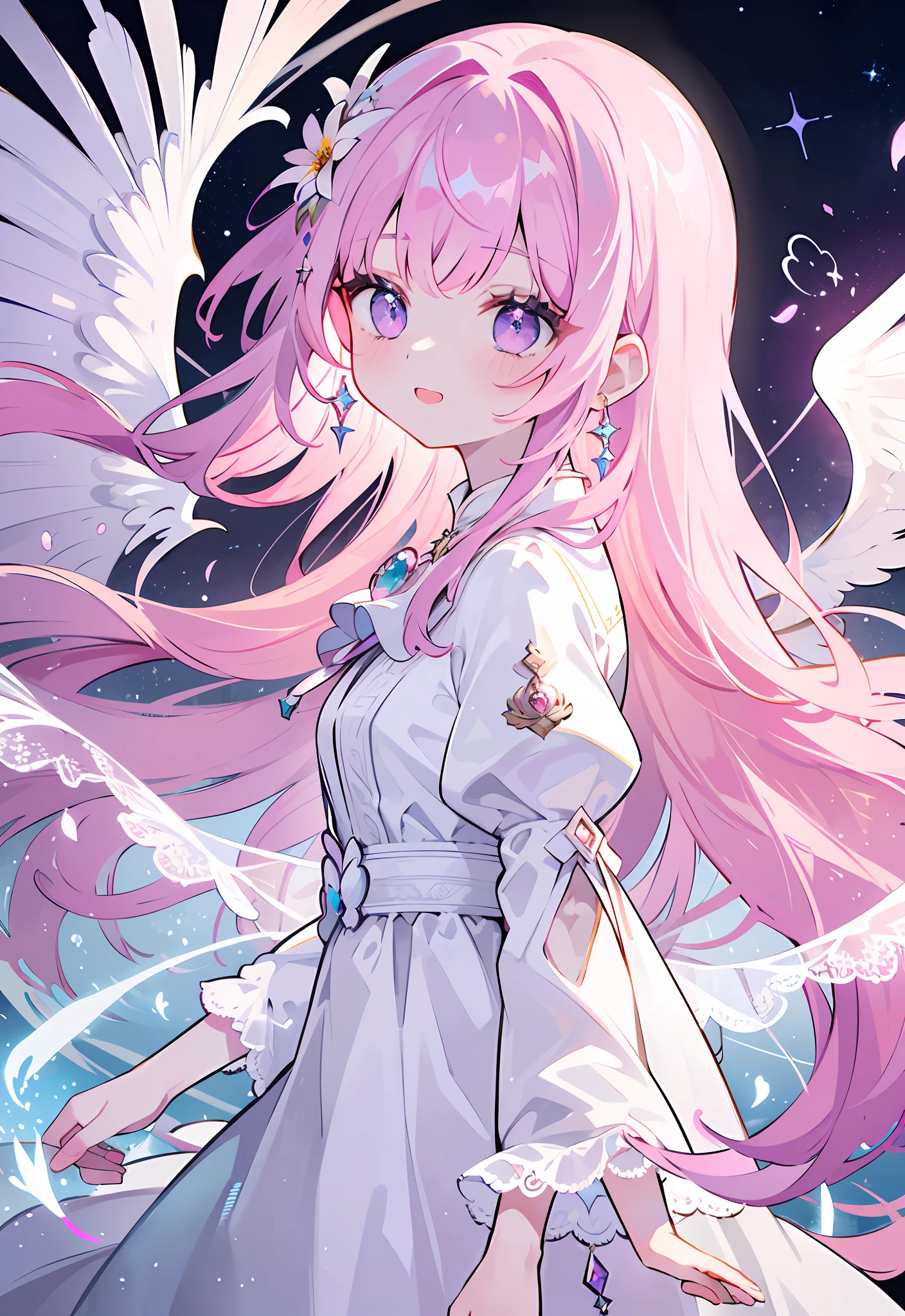 1girl, masterpiece, best quality, letterboxed, pink_hair, solo, jewelry, flower, hair ornament, long hair, looking at viewer, earrings, purple eyes, rose, bangs, upper body, from side, white dress, luminous, glowing, otherworldly, radiance, sparkling, graceful, wings, divine, ethereal, enchanting, happy, smile