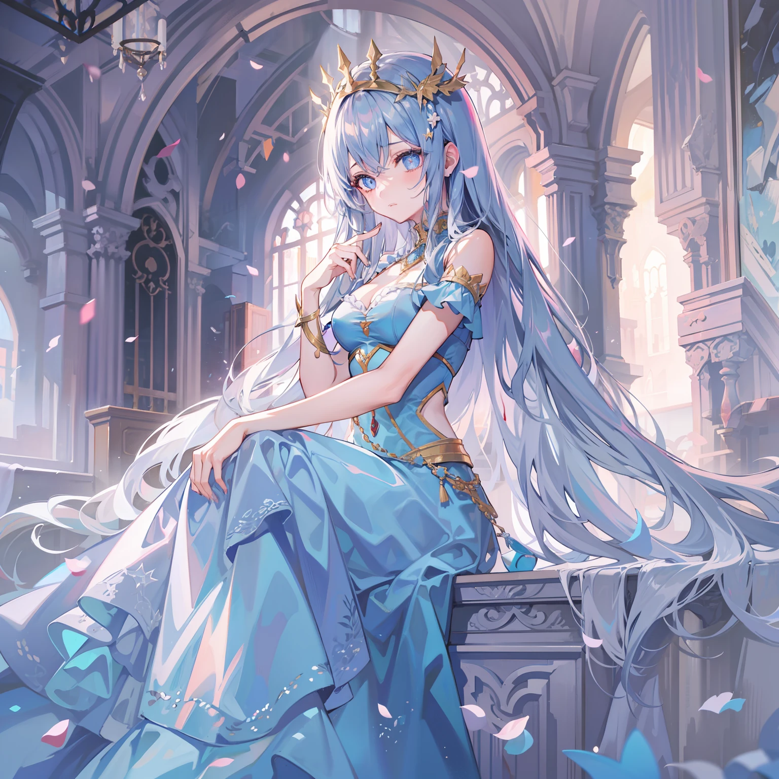tmasterpiece,Best quality at best,one-girl,Ice,Blue skirt,A princess,Noble look,apathy,There was a faint sadness in his eyes,opulent