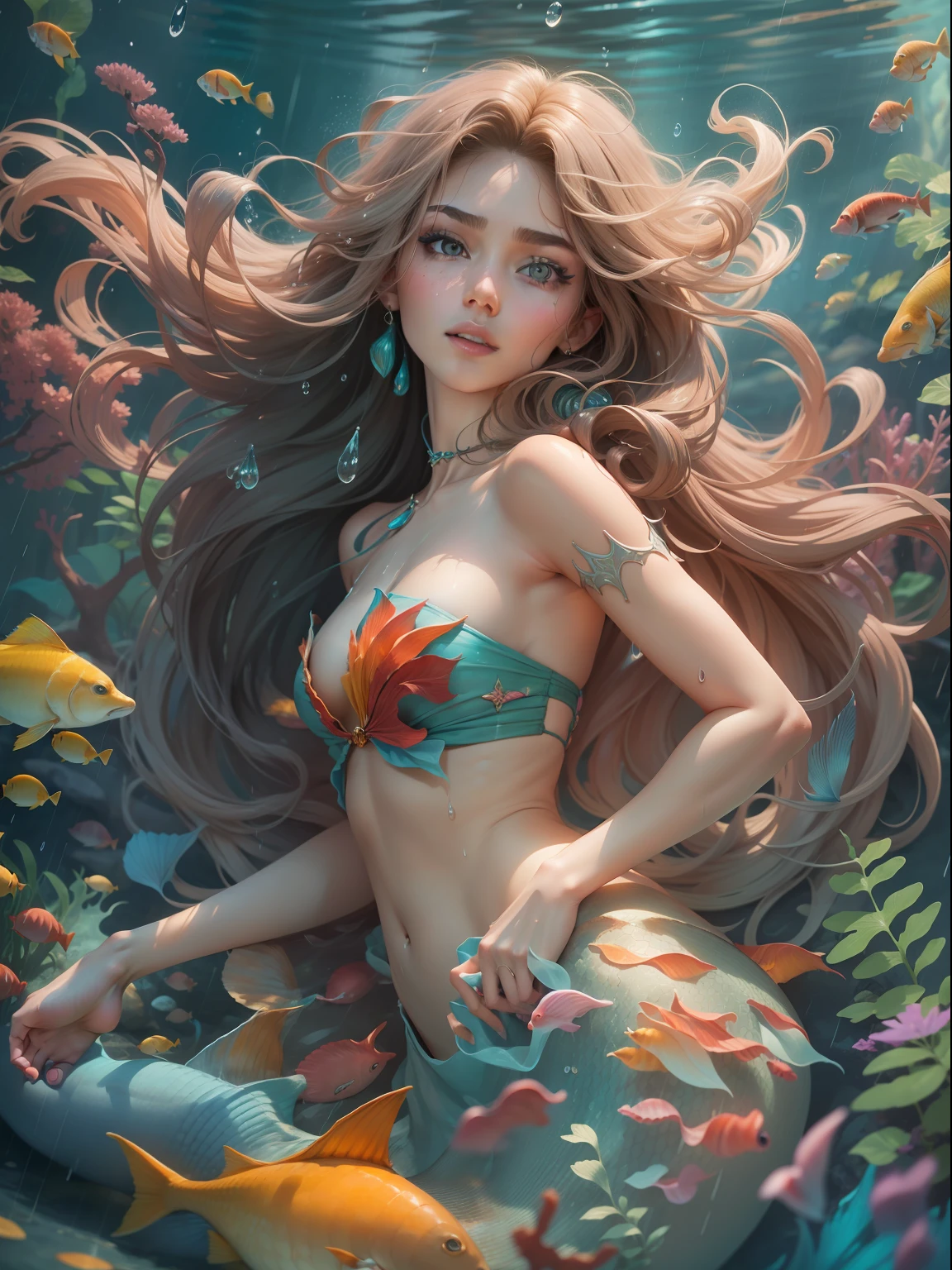 *Majestic Mermaid*: Capture the elegance of a mermaid gracefully swimming amidst coral reefs and colorful fish.((Best Quality, 8k, Masterpiece: 1.3)), Focus: 1.2, Perfect Body Beauty: 1.4, Buttocks: 1.2, ((Layered Haircut, Flat Chest: 1.2)), (Rain, Street:1.3), Bandeau Dress: 1.1, Highly Detailed Face and Skin Texture, Fine Eyes, Double Eyelids, Whitened Skin, Long Hair, (Shut Up: 1.3), Full Body