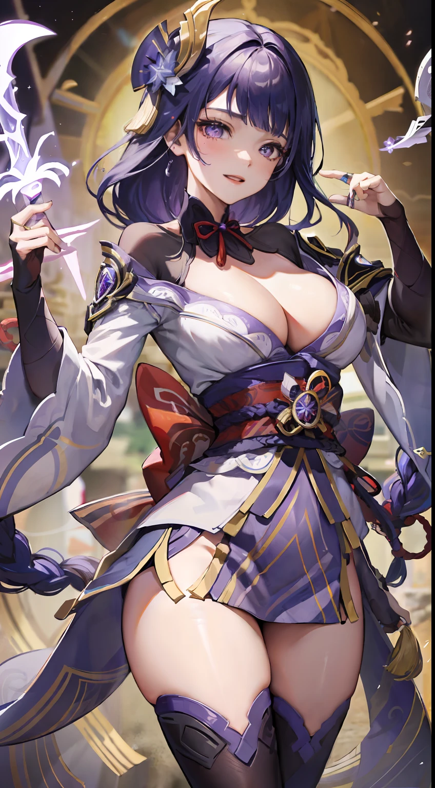 Raiden General Genshin Impact ,ssee-through，Fleshy thighs，Thunder Sword，Pose，Poster publicity style，Simetall，busty figure，C cup，Happy expression
