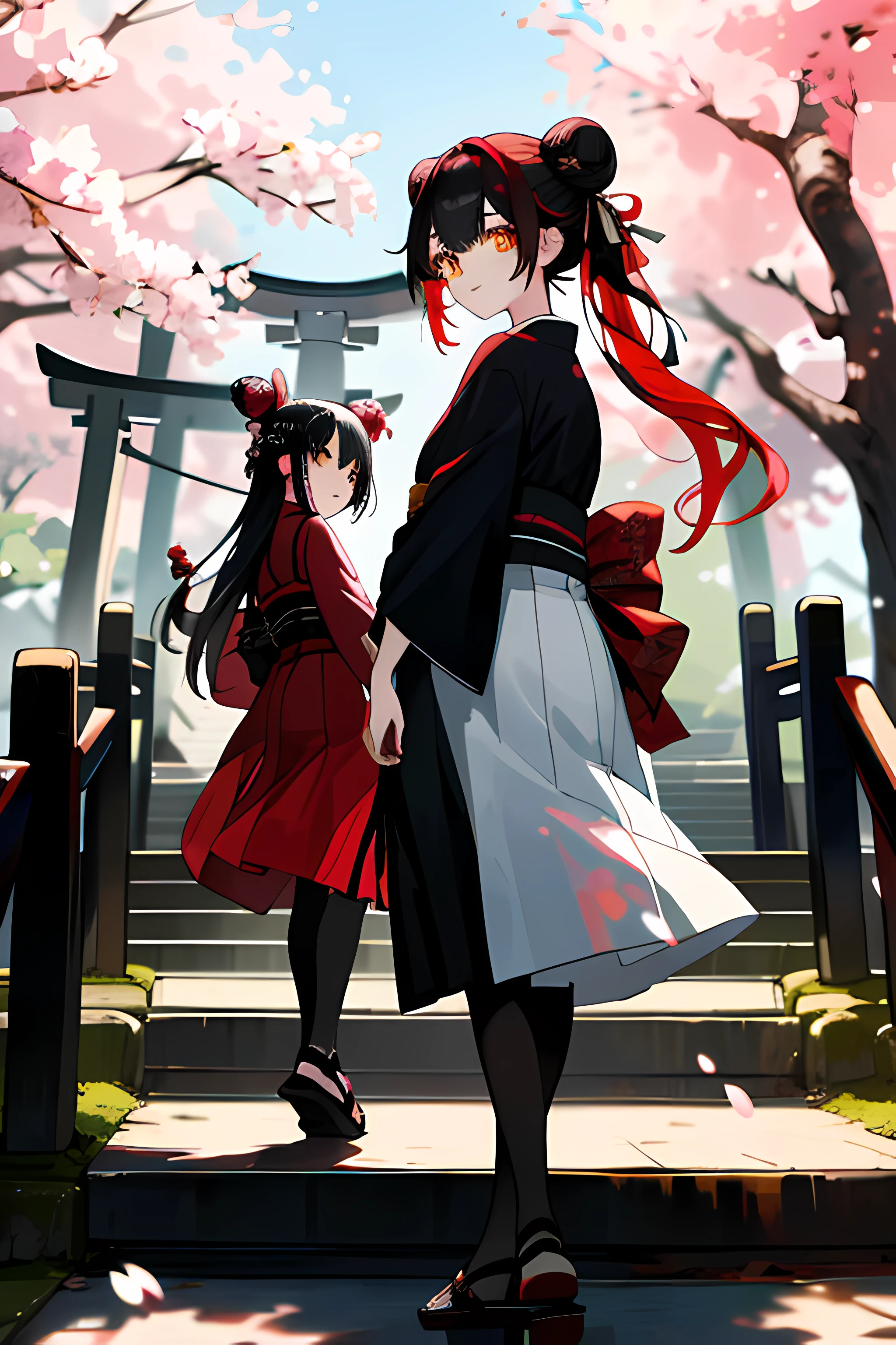 ((masterpiece,best quality)),2girls, black kimono, black legwear, black ribbon, black hair, cherry blossoms, day, flower, hair bun, hair ribbon, japanese clothes, kimono, long hair, looking at viewer, looking back , multiple girls, belts, outdoors, red eyes, red hair, ribbon, sandals, single bun, stairs, standing, statue, torii, tree, white kimono, yellow eyes