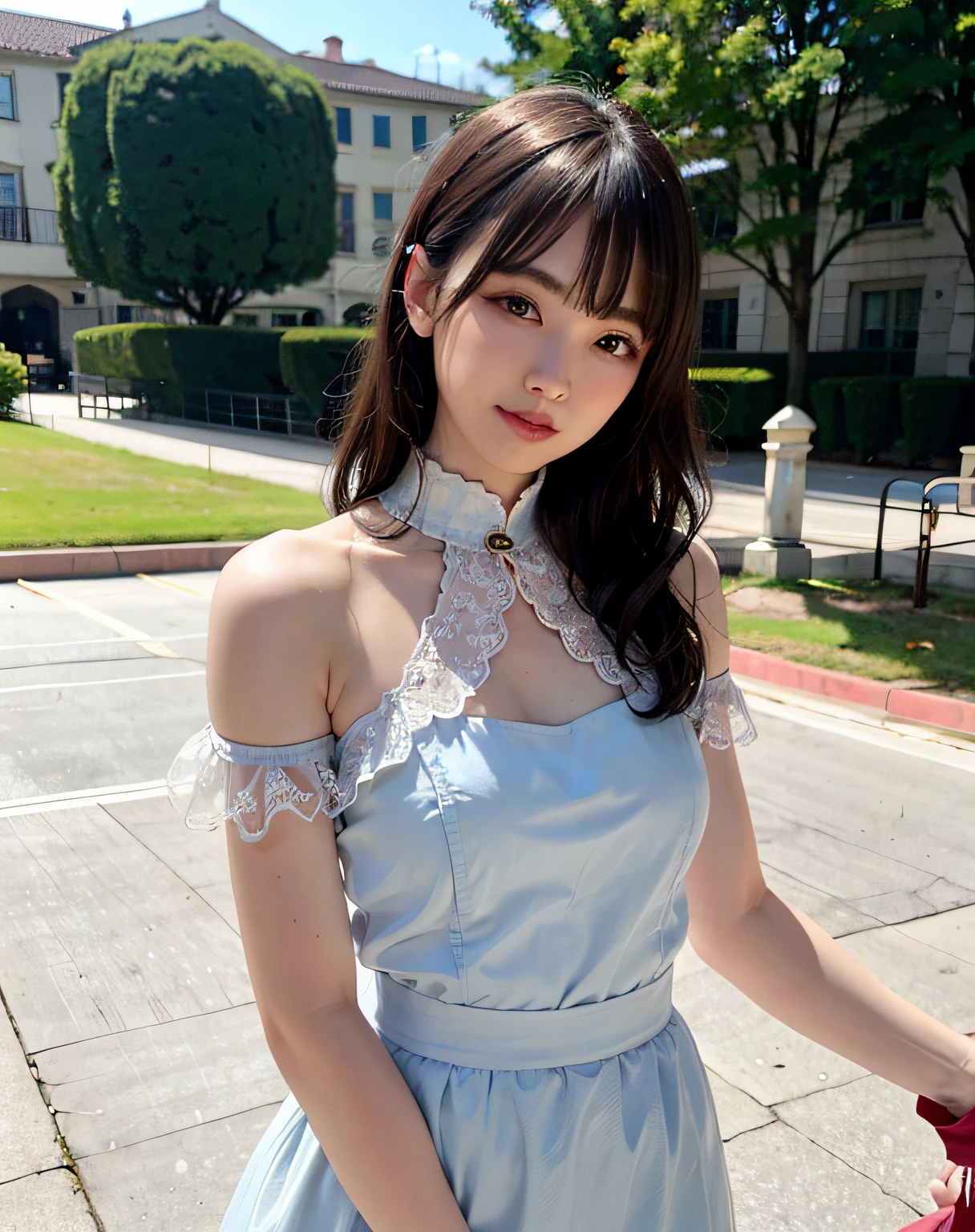 Woman posing in park in sheer lace dress、top-quality、 1 a person、large full breasts、tag、with light glowing、blur backgroun、bokeh dof、outside of house、(Street:0.8)、(a person々、Large crowds:1)、(lace-trimmed)doress:1.5、Sleeveless dress、full body Esbian、Light gray color clothes、Light grey color high neck dress:1.2、Light grey color dress:1.5)、a gorgeous(Wavy shoulder-length hair、Forehead:1.2)、Sareme、Beautiful sky with details、耳Nipple Ring、 (The upper part of the body:0.8)、Soft lighting、the wind、glowy skin、
