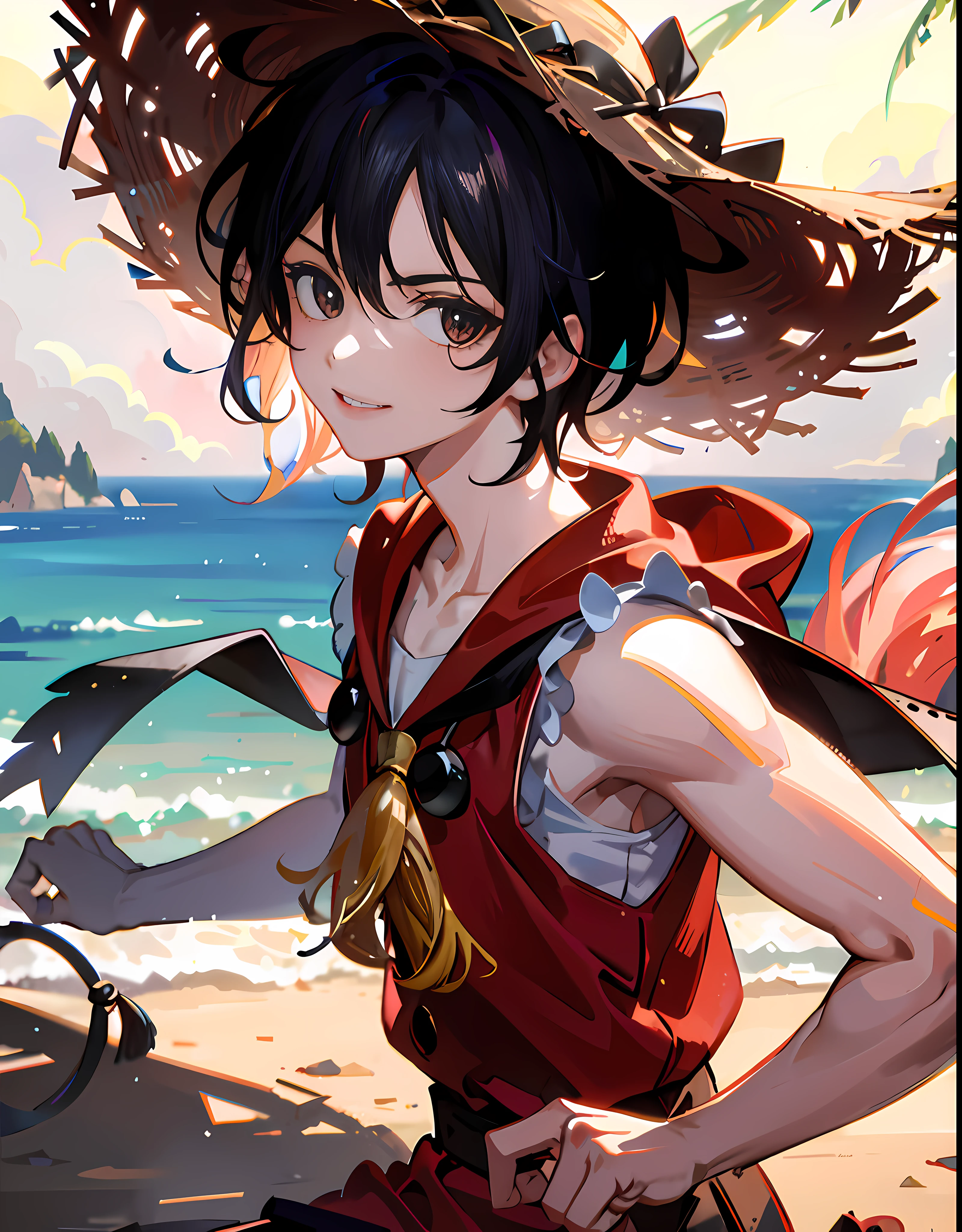 1boy, wanostyle, monkey d luffy, smiling, straw hat, looking at viewer, solo, upper body, ((masterpiece)), (best quality), (extremely detailed), depth of field, sketch, dark intense shadows, sharp focus, soft lighting, hdr, colorful, good composition, fire all around, spectacular, closed shirt, anime screencap, scar under eye, ready to fight, black eyes