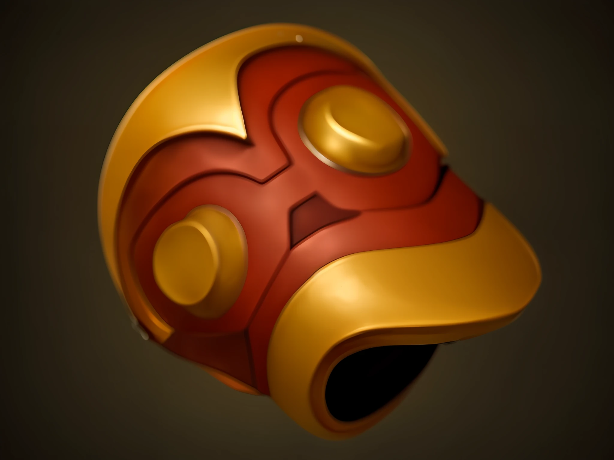 Close-up of red and gold helmet with yellow top, stylized motorcycle helmet, Detailed helmet, Stylized 3 D, game icon stylized, 3 d icon for mobile game, Stylized game art, huge stylized pauldrons, exquisite helmet detail, arte renderizada, golden and copper armor, stylised painting, stylized material bssrdf