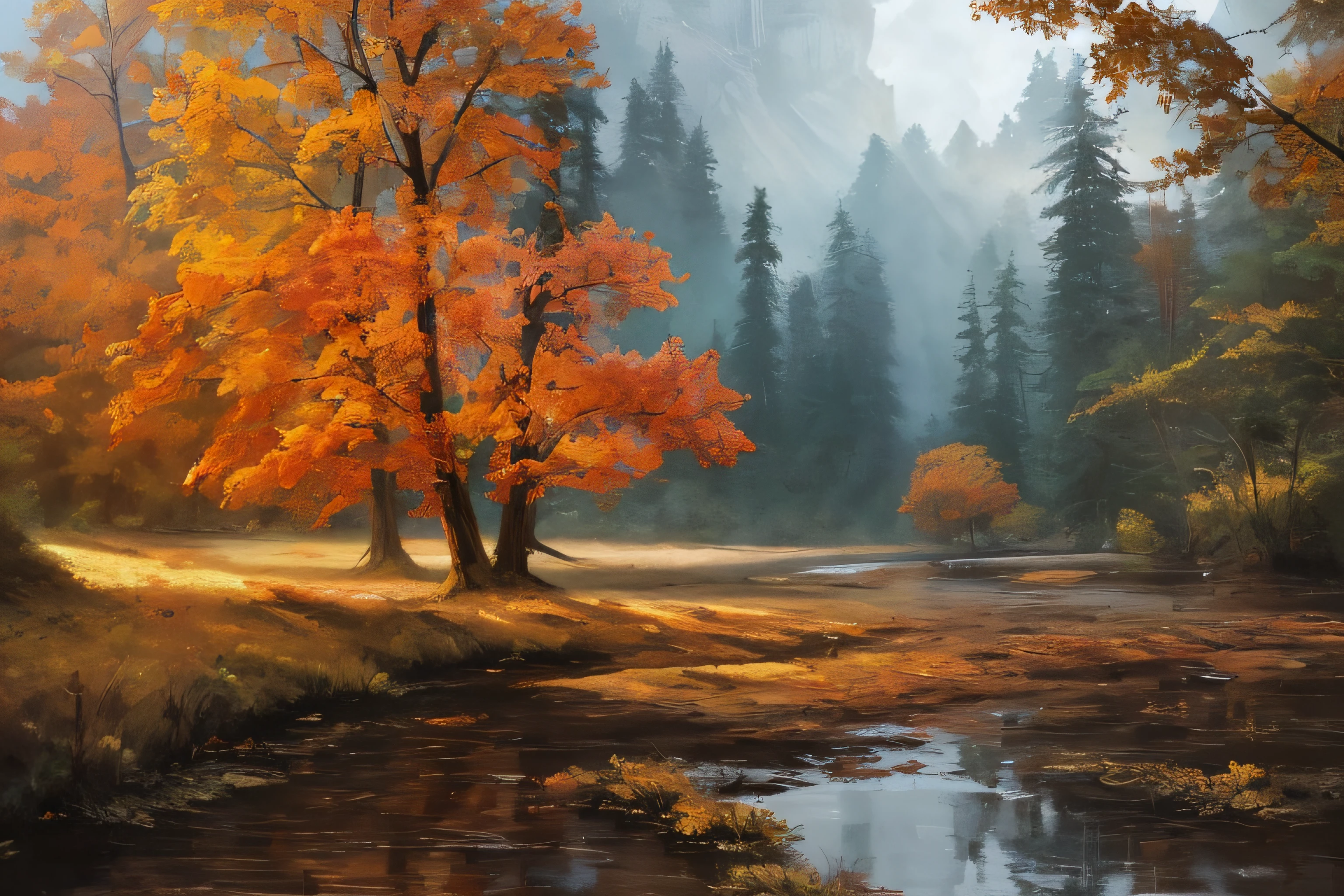 samdoesarts style. physical palette knife painting, thick Oil paint, stunning landscape, vast scale, soft colors, muted contrast, extremely detailed and intricate. 
Forrest landscape, God rays, sharp focus