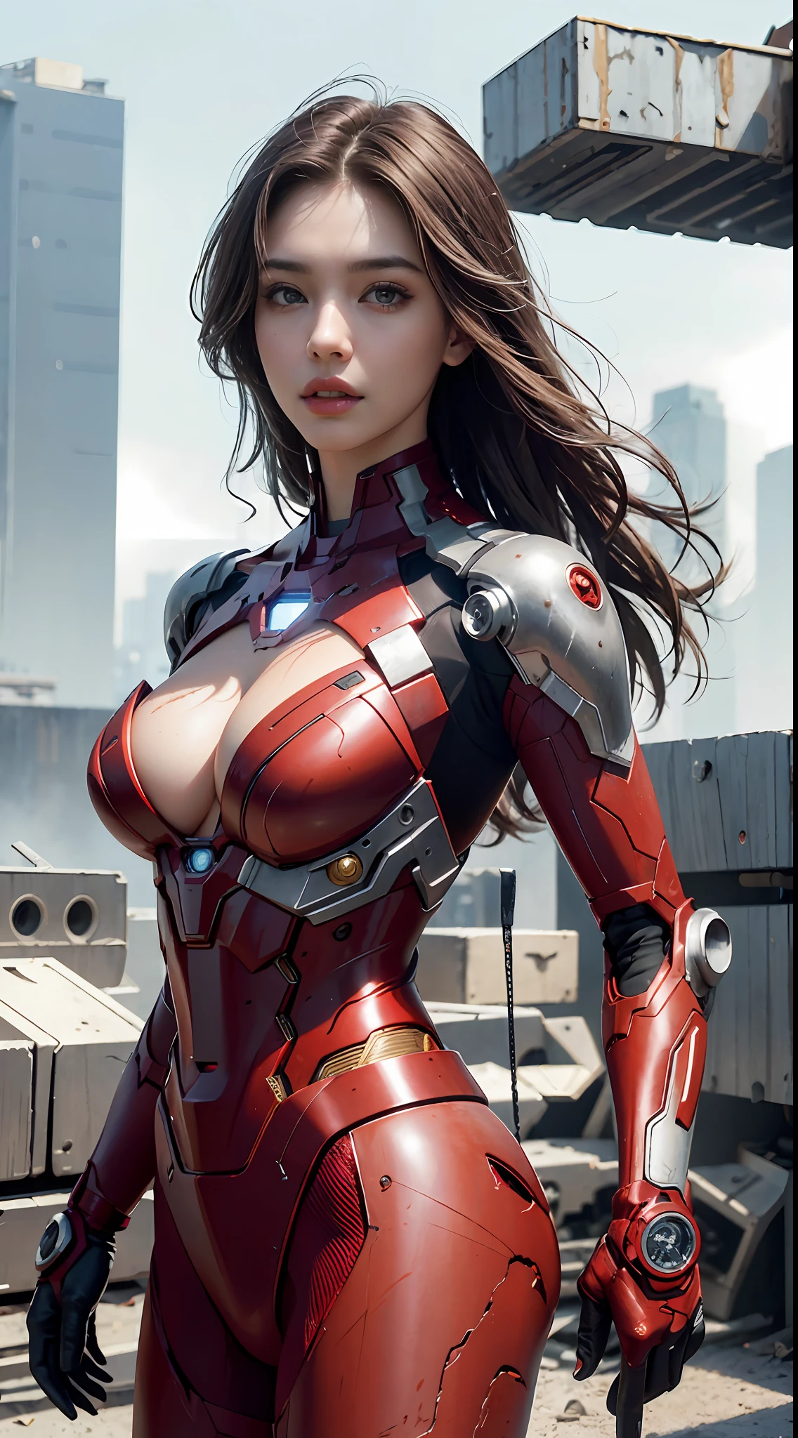 primitive,tmasterpiece,ultra fine photos,cleavage,looks into camera,ssmile,Be red in the face,sportrait,Bust photo,best qualtiy,超高分辨率,Photoreality,rays of sunshine,full-body portraits,stunningly beautiful,,dynamicposes,delicated face,Vibrant eyes,(seen from the side),She wears a futuristic Iron Man mech,Red and gold color scheme,Very detailed abandoned warehouse background,detailed face with,Detailed and complex busy background,Untidy,opulent,milkyW,Highly detailed skin,Realistic details of skin,Visible Pore,tack sharp focus,volume fog,8K UHD,digital SLR camera,high qulity,filmgrain,White skin of the,photo-realism,DL,Huge metropolis in a dystopia of the future , look from down, semi transparent