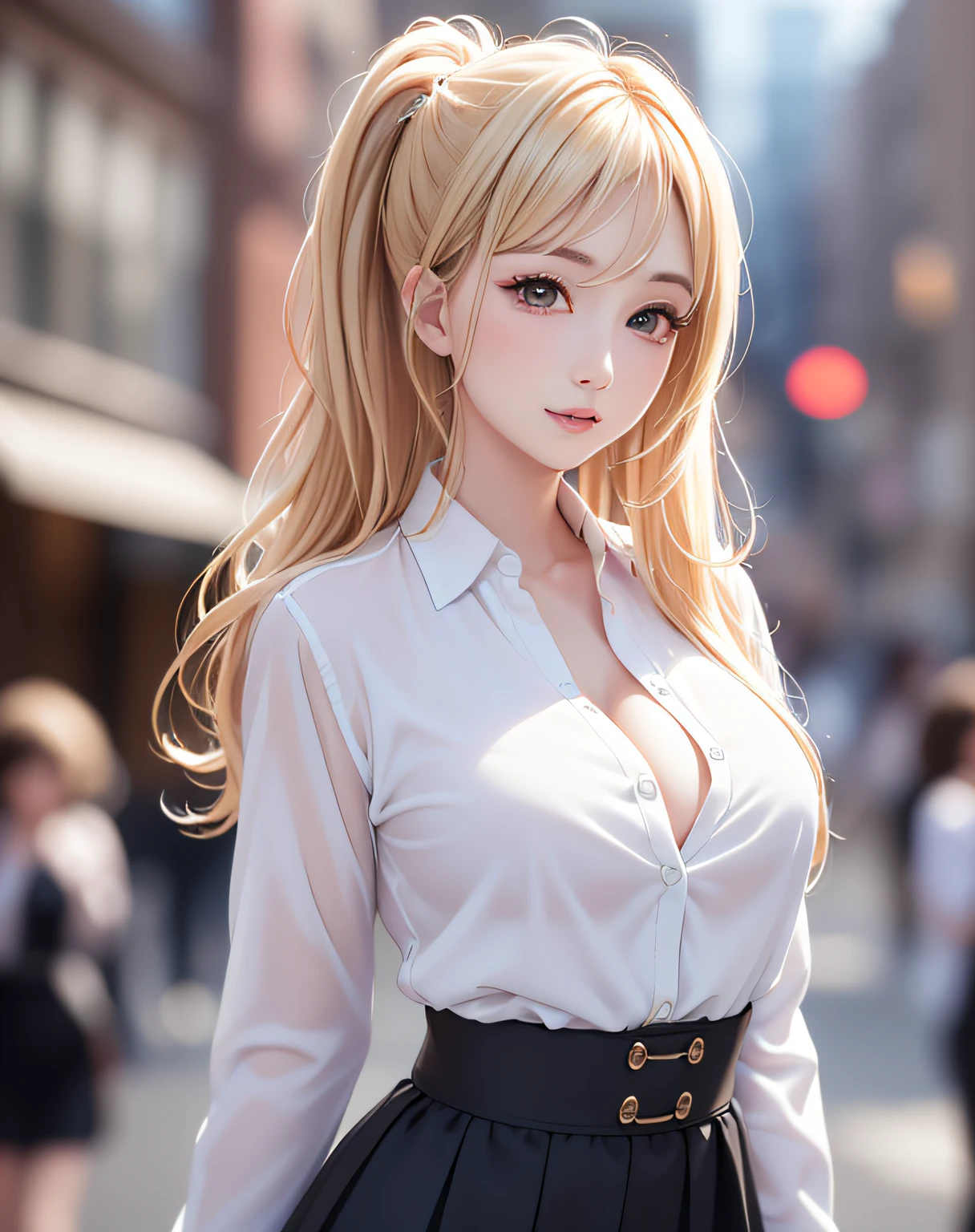 (event companion:1.5, midtown street background:1.5, standing on turn-table:1.5), photo realistic, anime style, (8k, RAW photo, best quality, masterpiece:1.2), High detail RAW color photo, professional photograph, cowboy shot, (realistic, photo realistic:1.37),cinematic light, (finery detailed face:1.2), cowboy shot, thigh 1 girl in bath, 28-38 years old, very cute, very beautiful, photo realistic, event companion, BREAK, white oily skin, real human skin, (detailed face), oval face, pores, round eyes:1.0, ultra high res, BREAK, slim, (medium-large-breast:1.37, cleavage:1.17), (looking straight at viewer with a serene and goddess-like happiness:1.2), (lifter gloss, eyelashes, gloss-face, best quality, ultra highres, Broad lighting, natural shading), (beautiful thin blonde hair, wavy pony-tail hair style:1.5, shiny-blonde hair:1.5), BREAK, (event companion uniform:1.3, white collared shirt;1.3, black high-waist pencil-long-skirt:1.3), BREAK, ((show case:1.5, standing in the street1.5)), ((from below:1.3, show girl posing1.5)), blurry background, bokeh, depth of field, cowboy shot:1.3, centered image,