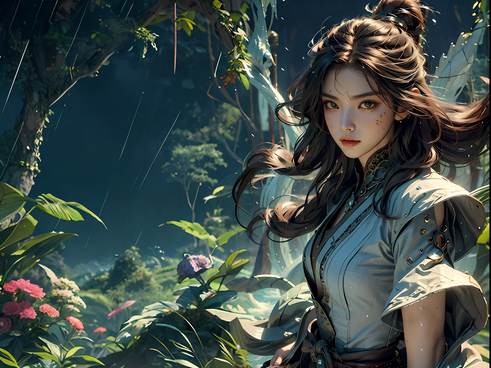 "A xianxia goddess standing gracefully on a rainy day amidst a vibrant forest filled with mythical creatures in a fantastical xianxia realm."