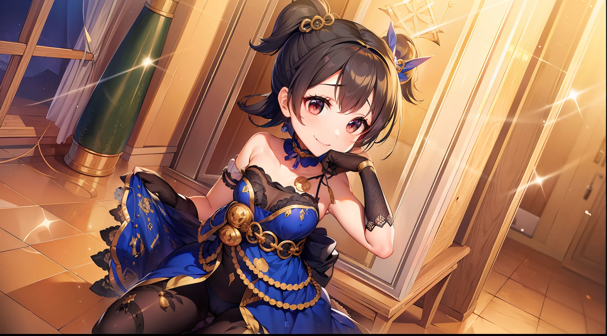 hightquality、masutepiece、Clean face、mekosji、invisible clothes、Opening legs、very transparent clothing、very transparent underwear、Open your legs、Open your legs on your back、Opening legs、Open your legs in an M shape、Chignon、A smile、plump thighs、Navel、Chest、Perforated lingerie