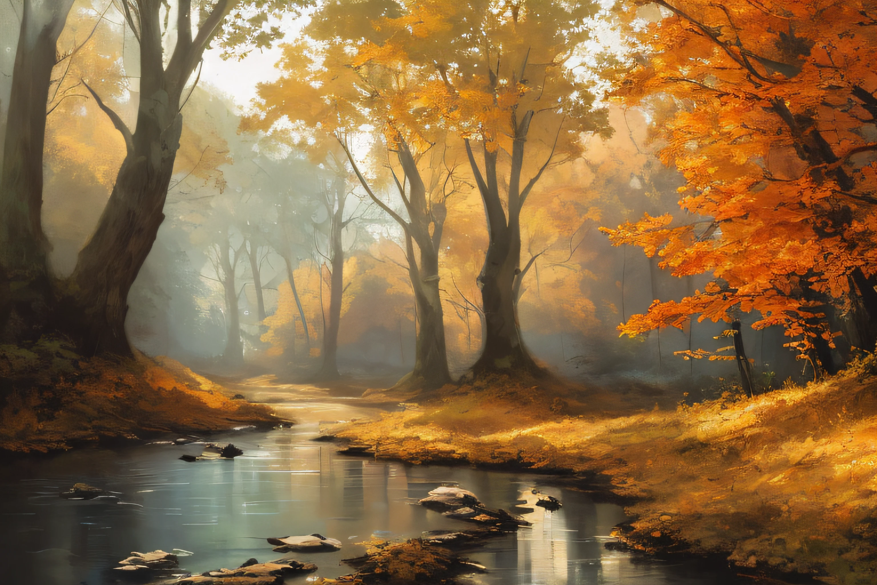 samdoesarts style. physical palette knife painting, thick Oil paint, stunning landscape, vast scale, soft colors, muted contrast, extremely detailed and intricate.
Forrest landscape, God rays, sharp focus