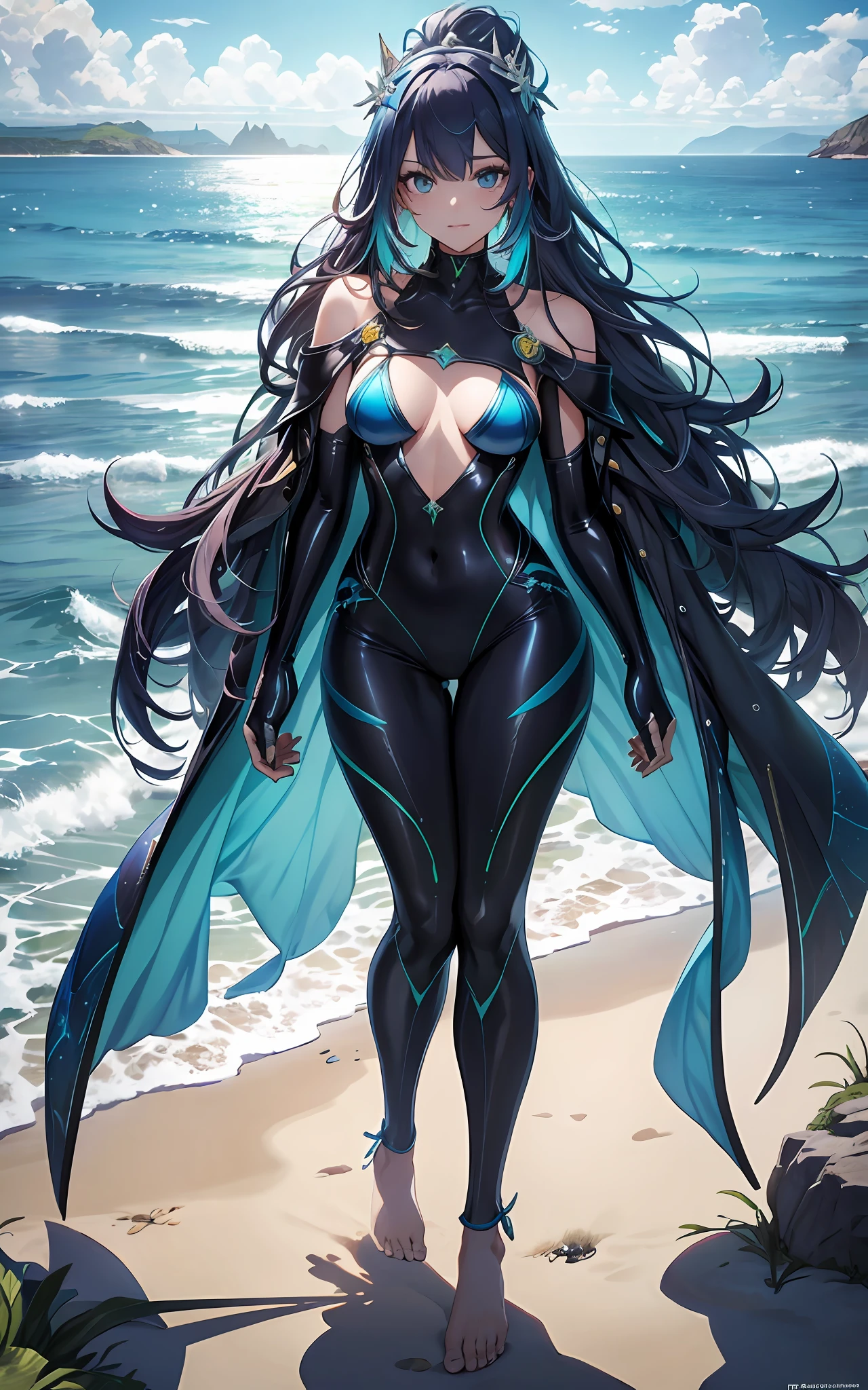 best qualityer，tmasterpiece，Ultimate resolution，downy，Extremely colorful，Colorful，Mermaid princess，cabellos largos dorados，a matural female，blue bikini，The kinky is exposed，The barefoot，the ocean，blue skinsuit，Normal body proportions，Normal posture