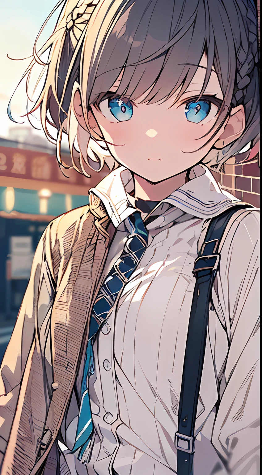 masutepiece, Best Quality,Illustration, Wallpaper, Ultra Detail, absurderes, 1loli, Solo, (Medium short hair、short braided hair), Beautiful detailed eyes , (Street), luminous sky,(a panoramic view:1.3),(Sense of depth:1.5)