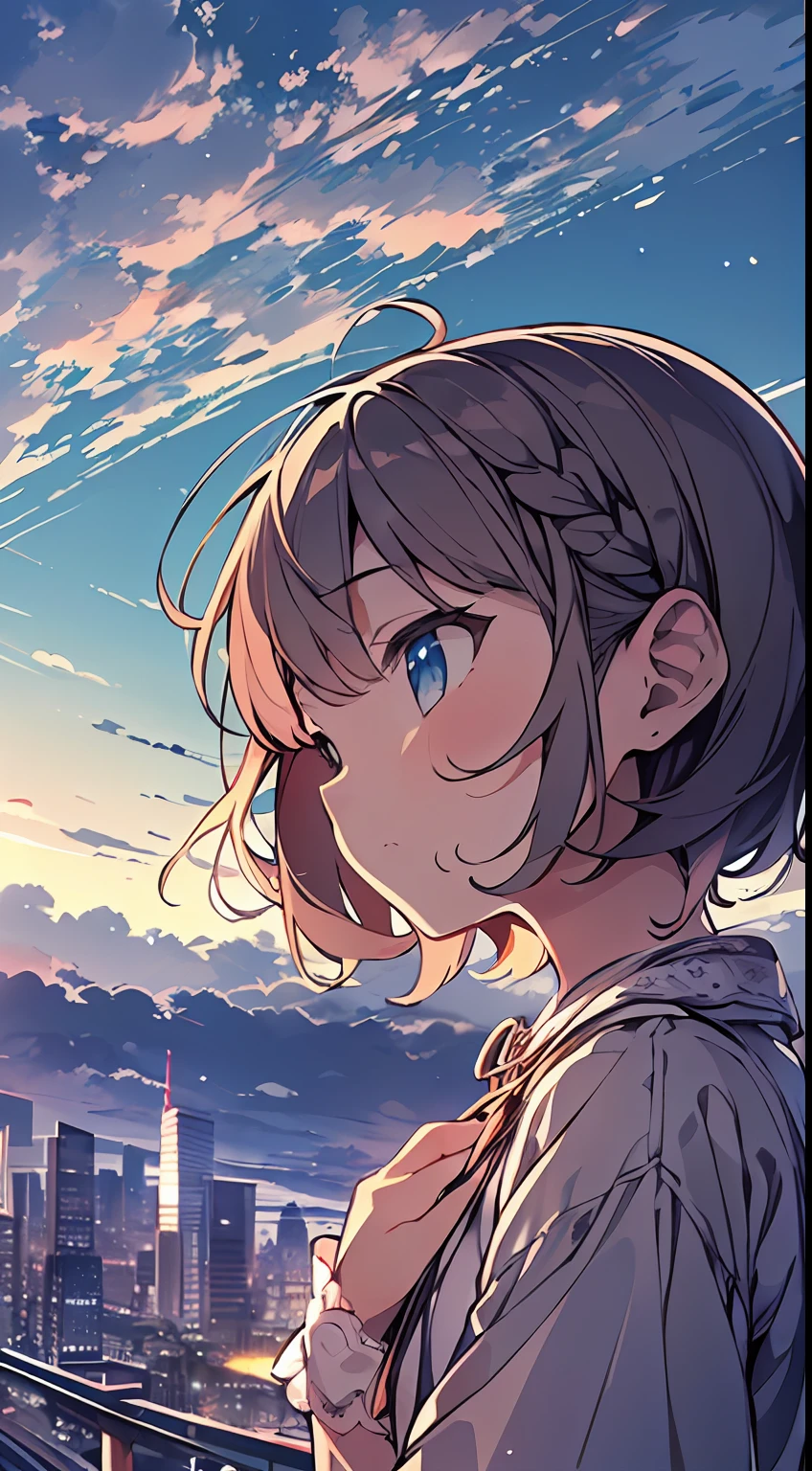 masutepiece, Best Quality,Illustration, Wallpaper, Ultra Detail, absurderes, 1loli, Solo, (Medium short hair、short braided hair), Beautiful detailed eyes , (Street), luminous sky,(a panoramic view:1.3),(Sense of depth:1.5)